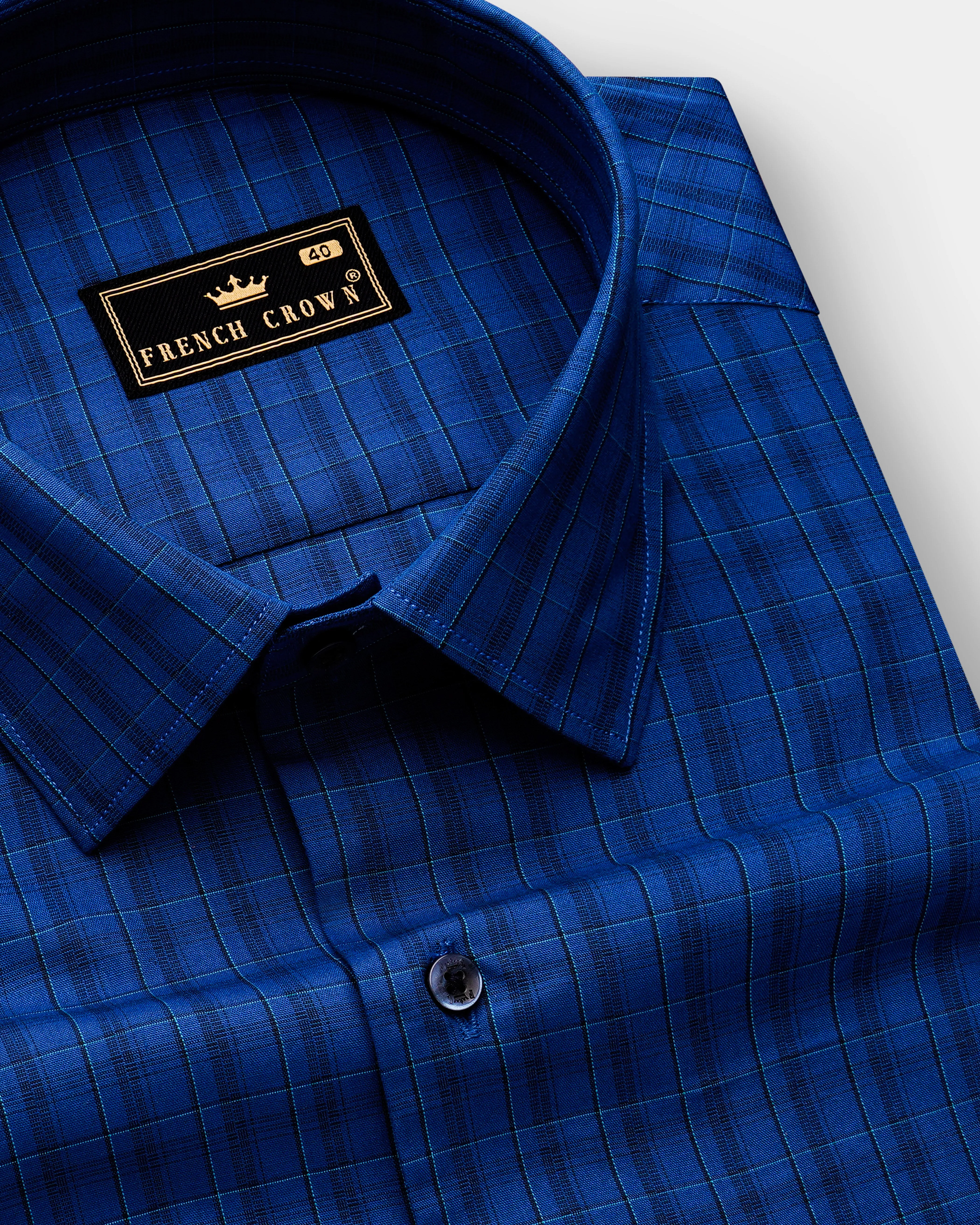 Dark Midnight Blue Plaid Poplin Giza Cotton Shirt sold by French Crown