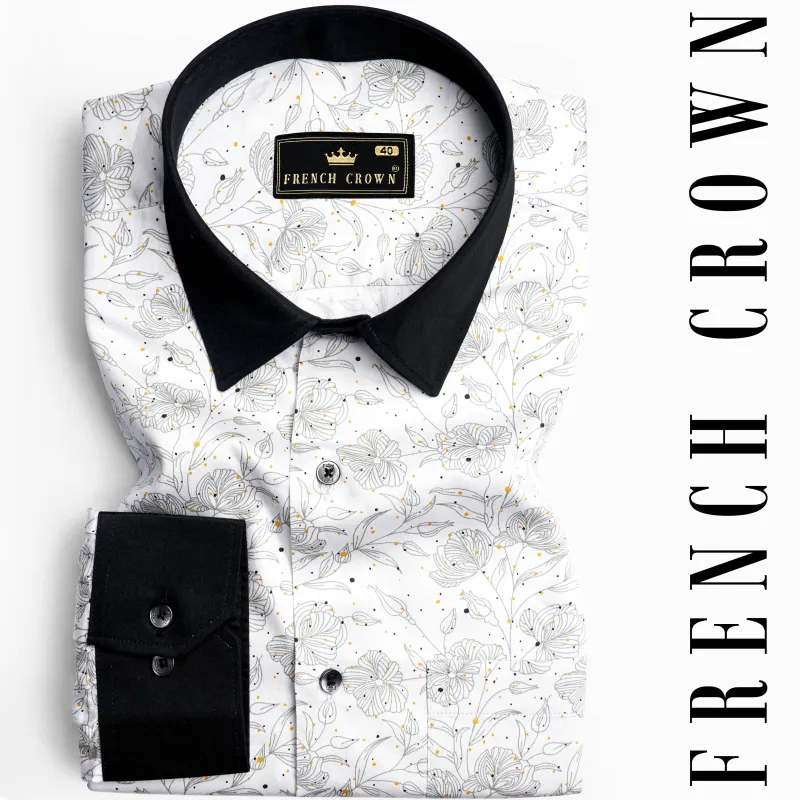 Bright White Floral Printed with Black Cuffs and Collar Super Soft Premium Cotton Shirt sold by French Crown