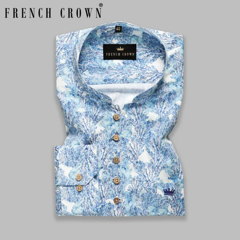 Aqua Blue Tonal Print Kurta Style Super Soft Giza Cotton Shirt sold by French Crown