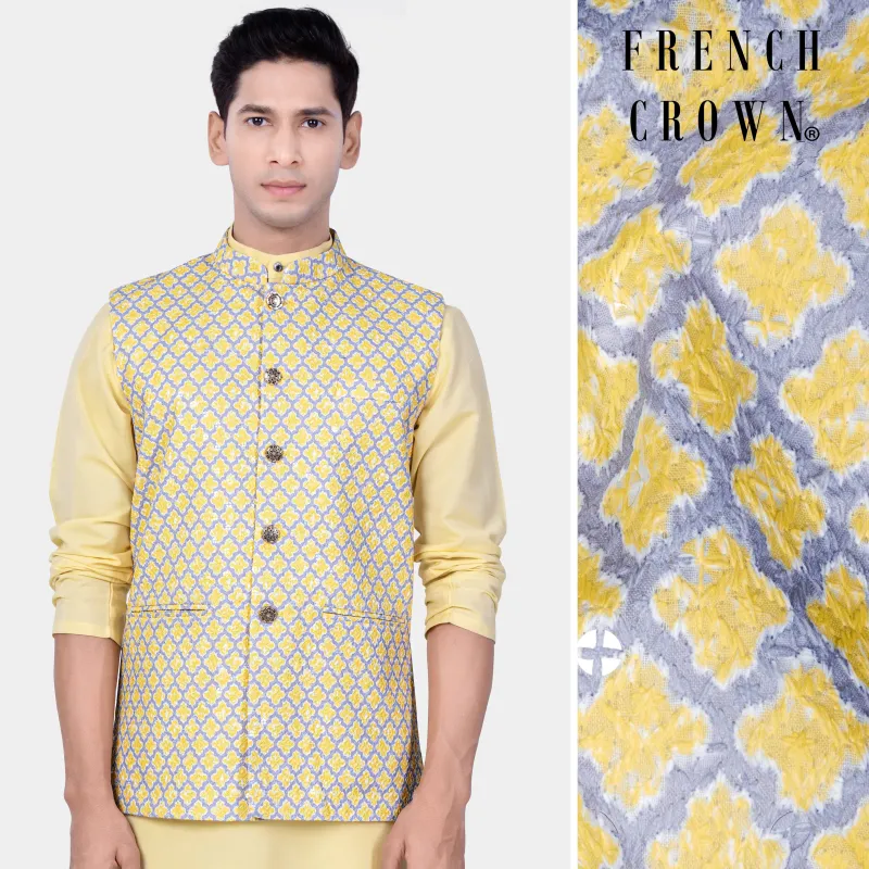 Marzipan Yellow And Casper Gray Thread Embroidered Nehru Jacket sold by French Crown