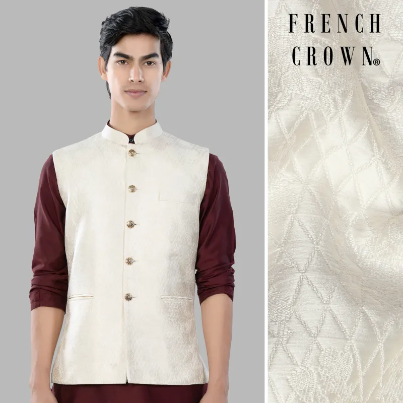 Albescent Cream Trellis Jacquard Textured Designer Nehru Jacket sold by French Crown