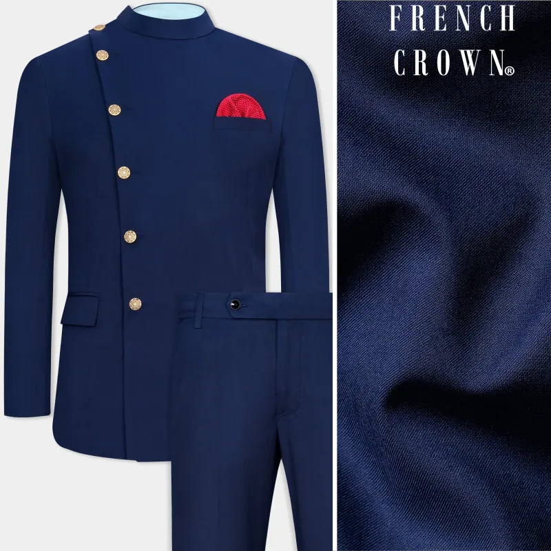 Cloud Burst Blue Cross Placket Wool Rich Bandhgala Suit sold by French Crown