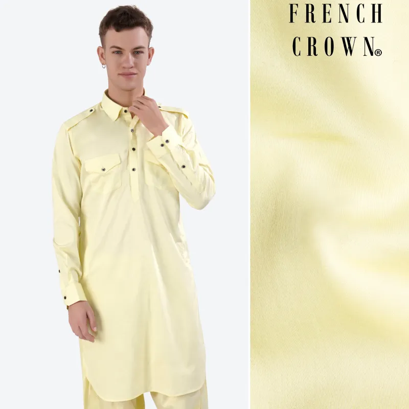 Oasis Yellow Subtle Sheen Super Soft Premium Cotton Pathani Kurta sold by French Crown