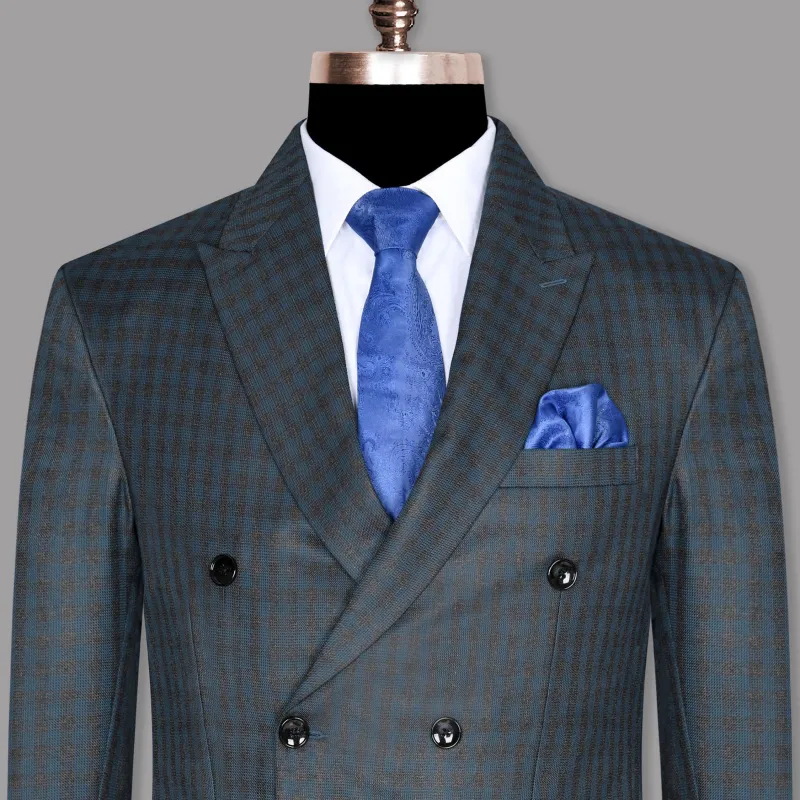 Charcoal with Sapphire Blue Checked Wool Blend Double Breasted Blazer sold by French Crown