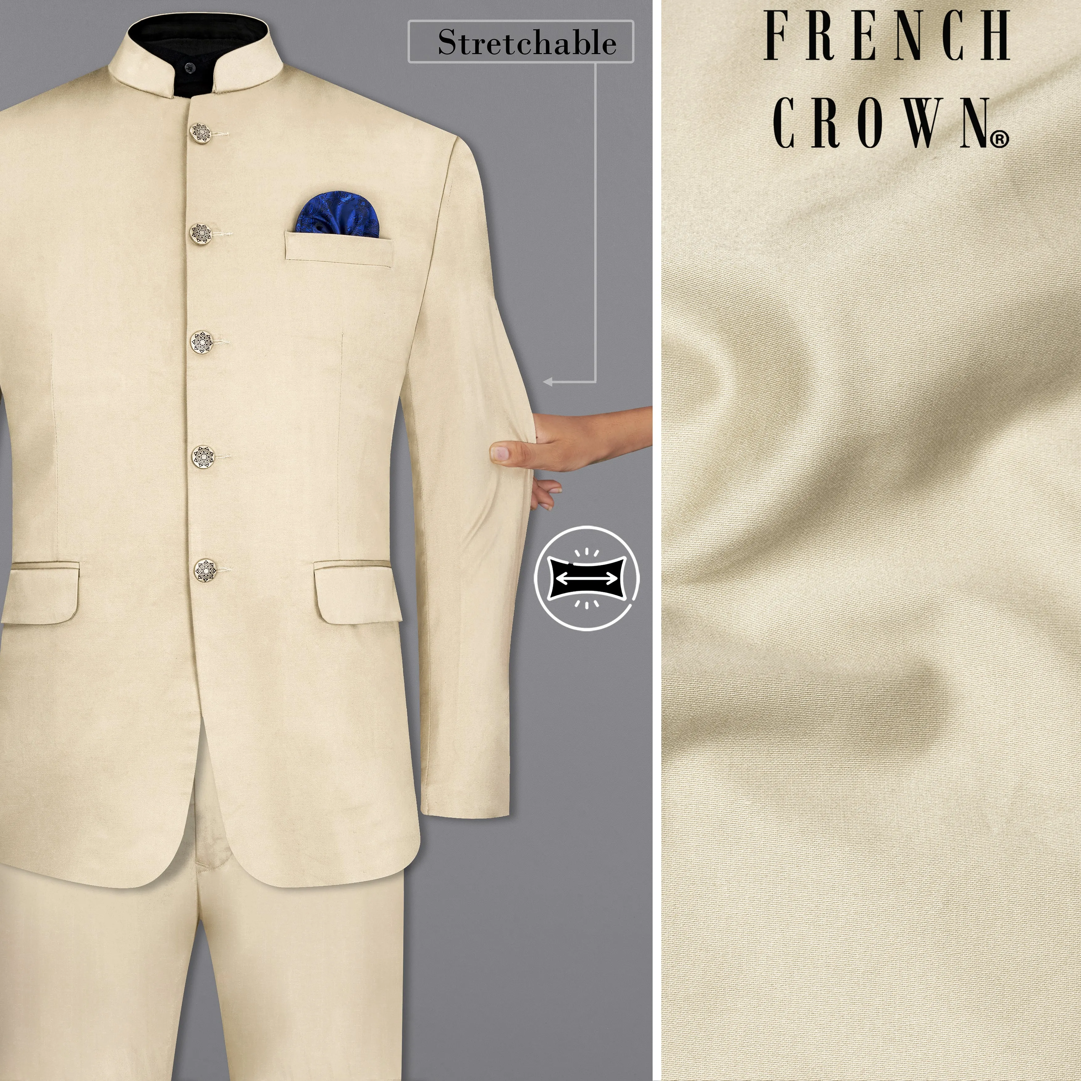 Moon Mist Beige Bandhgala Premium Cotton Stretchable traveler Suit sold by French Crown