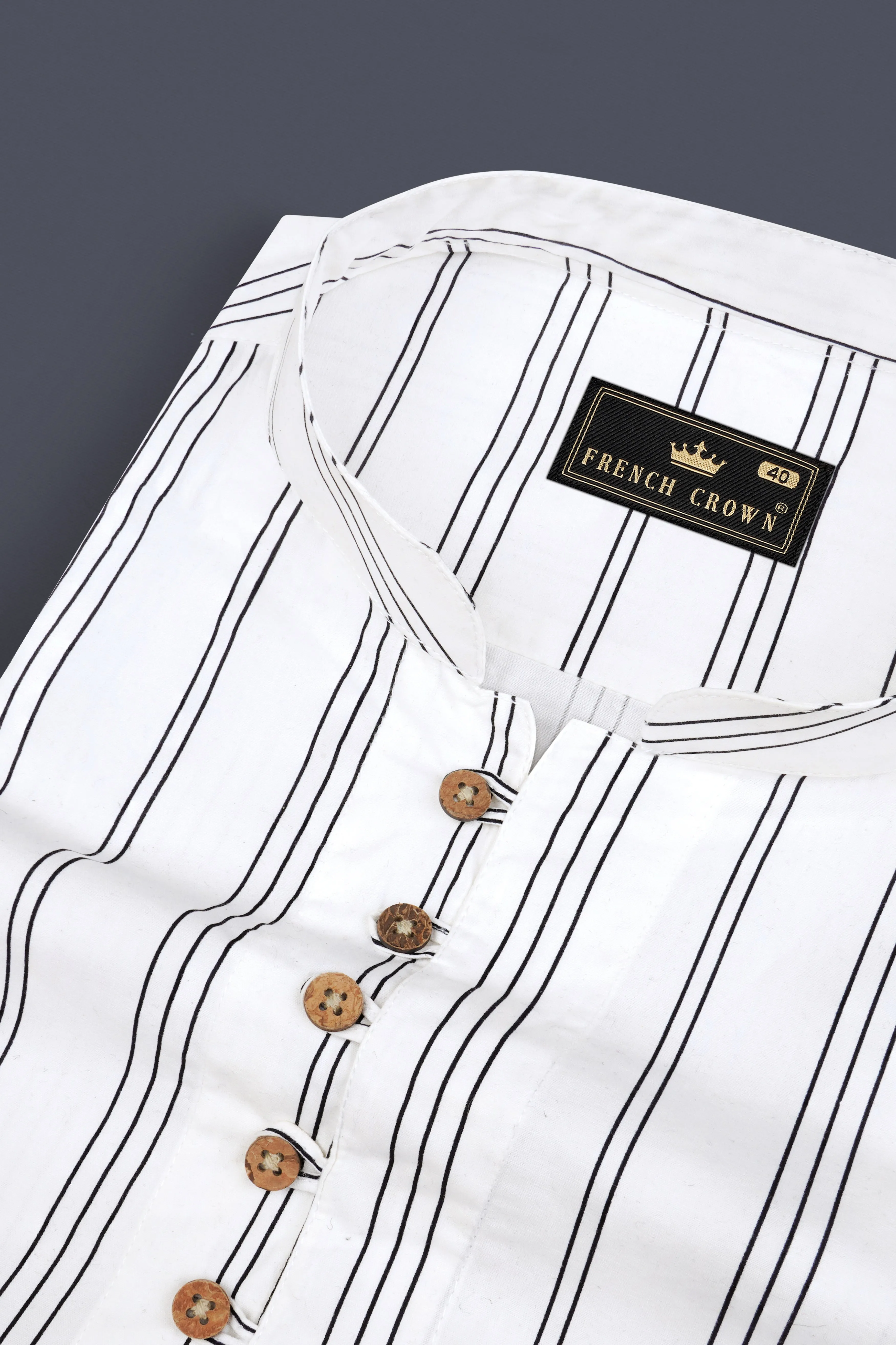 Bright White Pinstriped Twill Premium Cotton Kurta Shirt sold by French Crown product image thumbnail 4