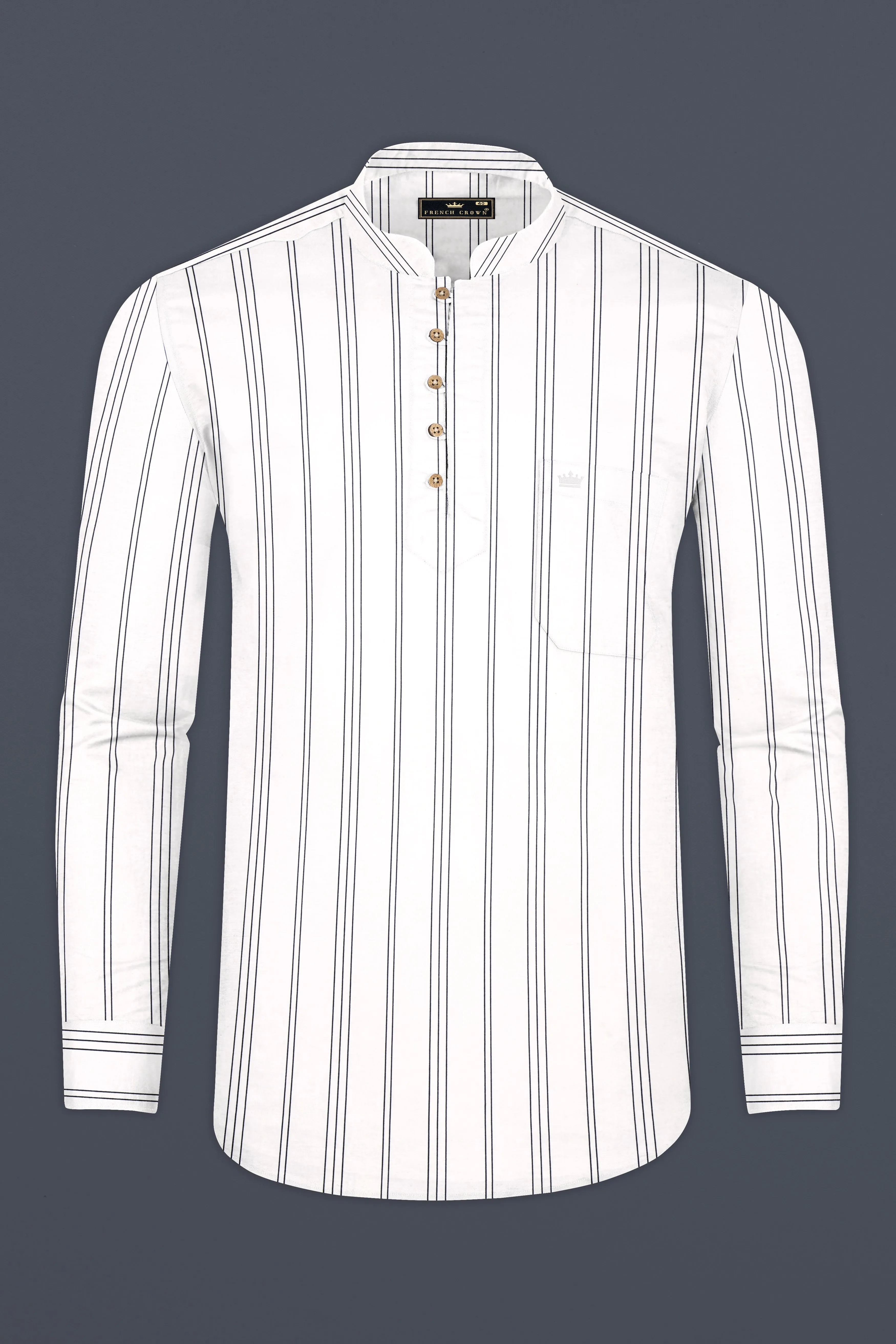 Bright White Pinstriped Twill Premium Cotton Kurta Shirt sold by French Crown product image thumbnail 5
