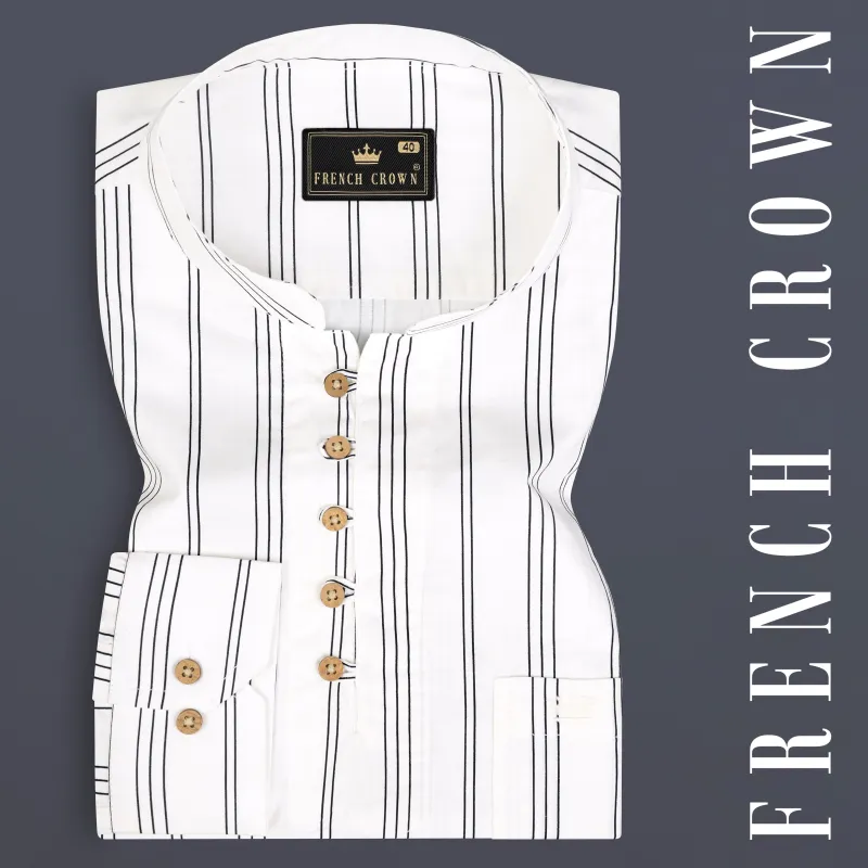 Bright White Pinstriped Twill Premium Cotton Kurta Shirt sold by French Crown