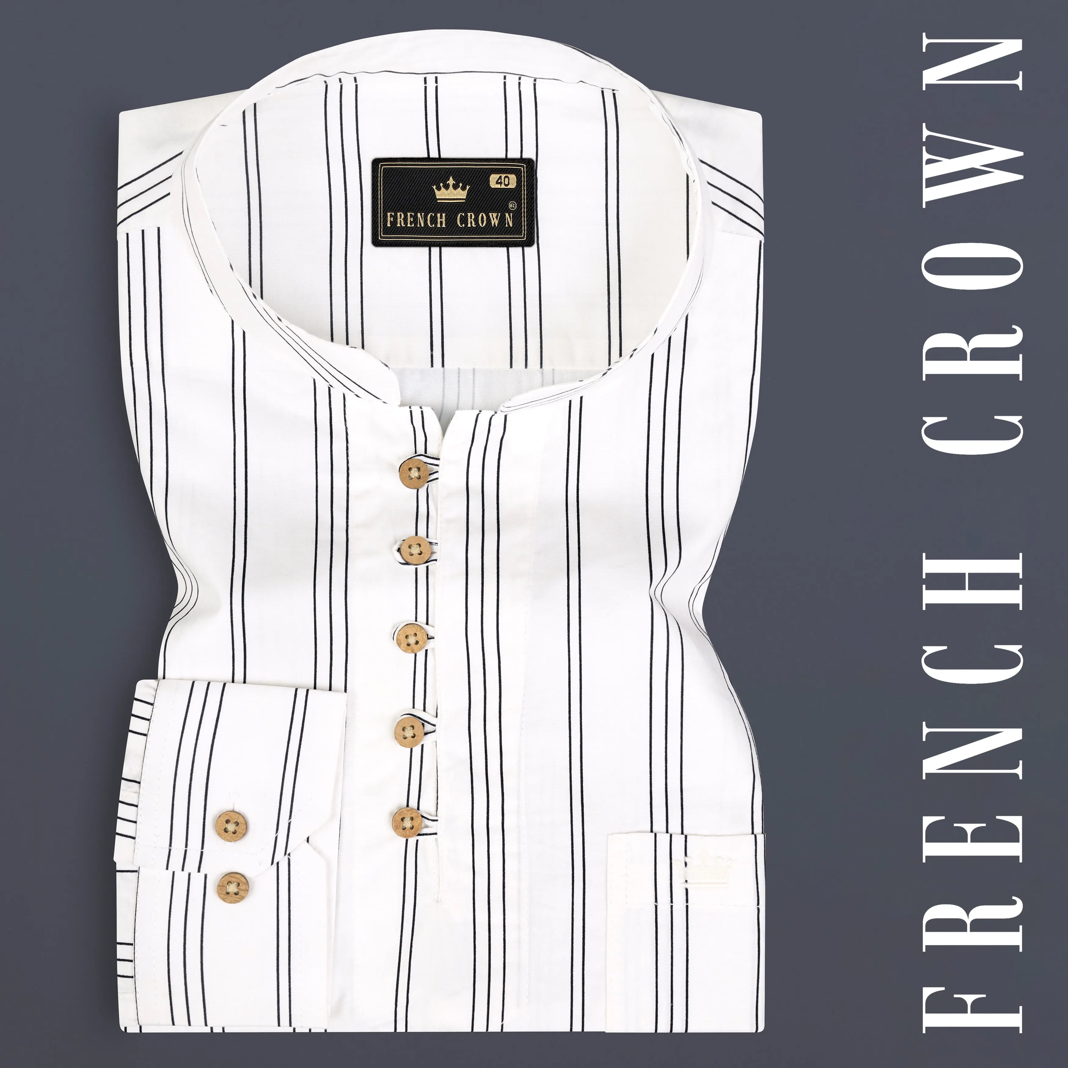 Bright White Pinstriped Twill Premium Cotton Kurta Shirt sold by French Crown