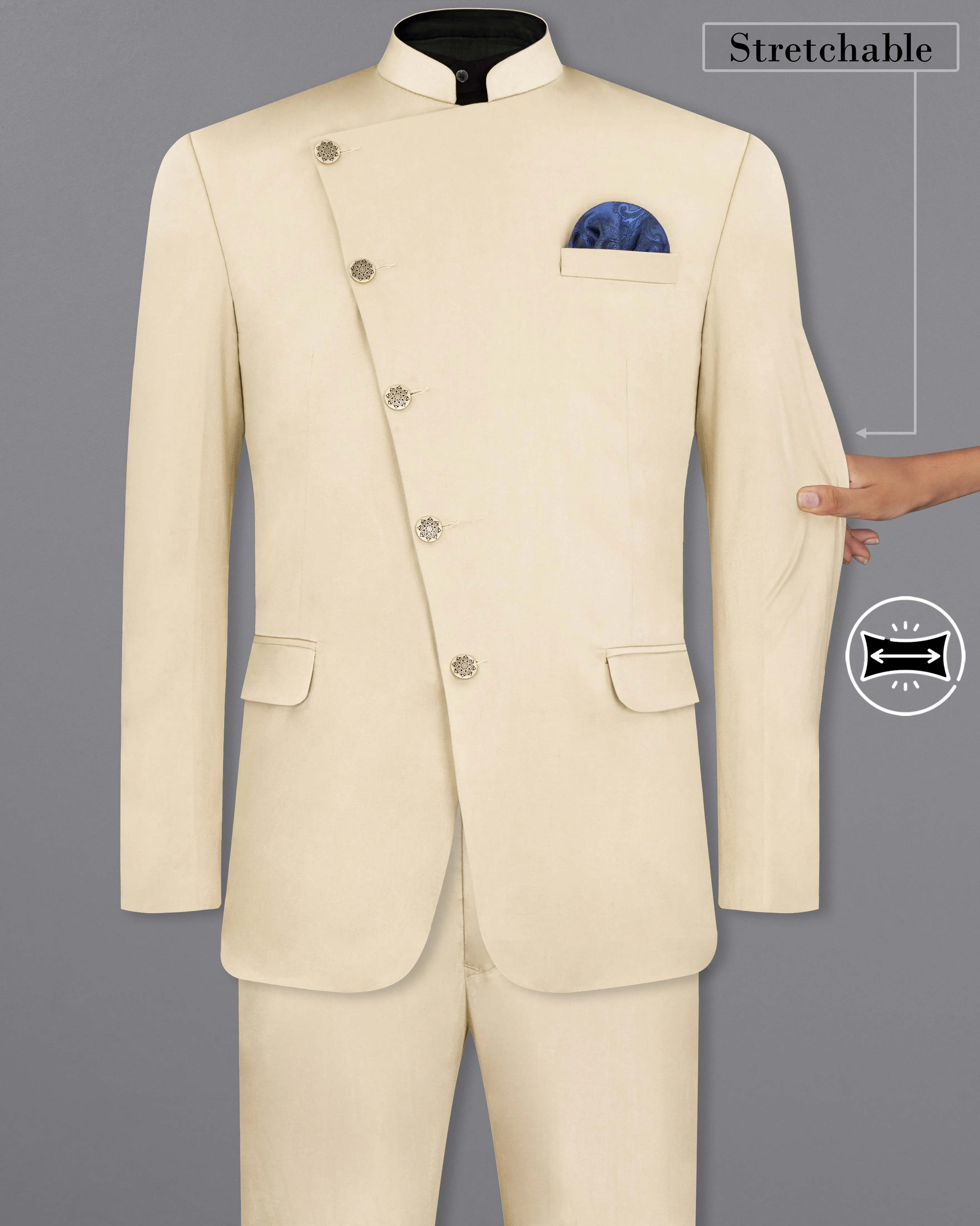 Moon Mist Beige Stretchable Cross Placket Bandhgala Premium Cotton traveler Suit sold by French Crown product image thumbnail 2