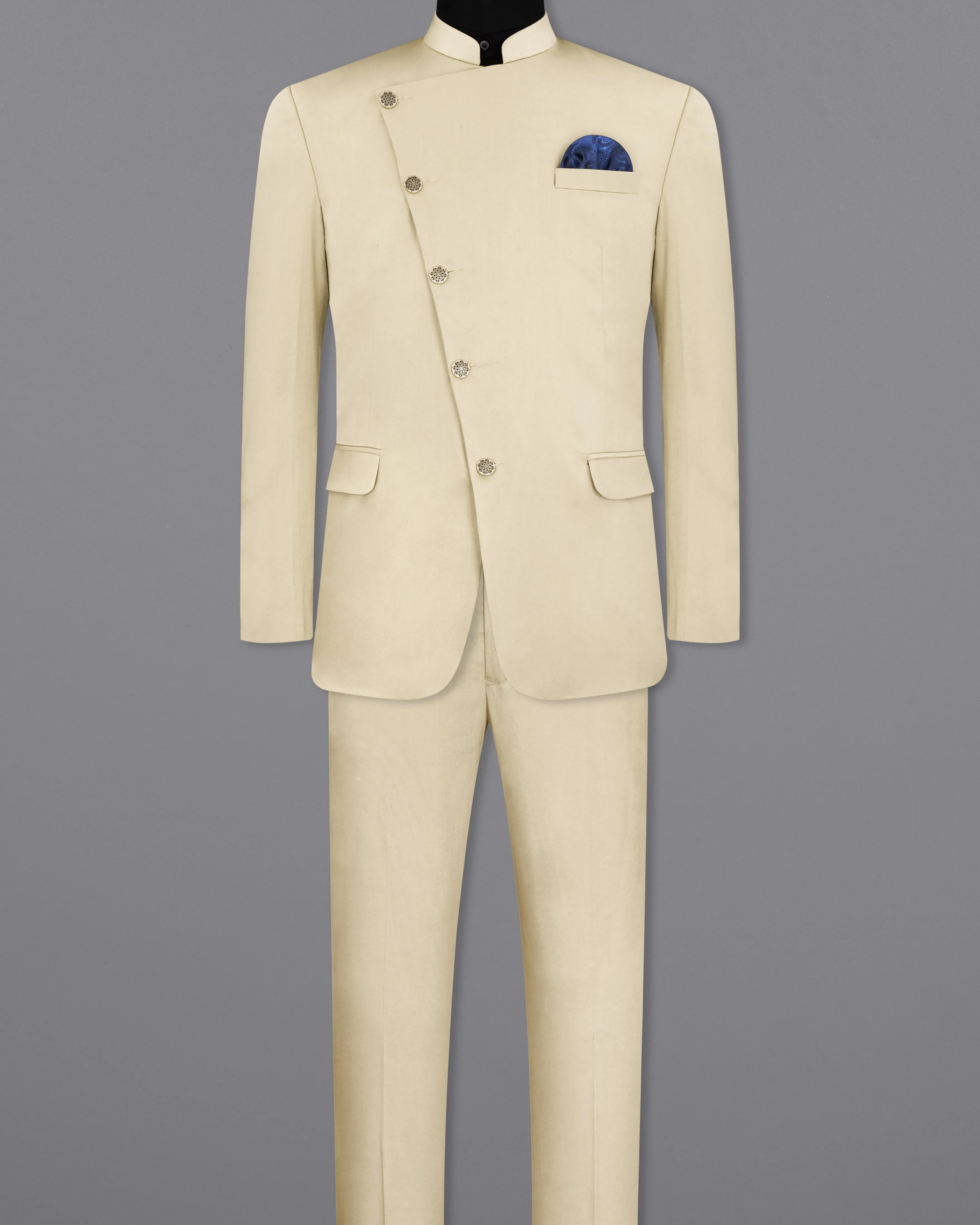 Moon Mist Beige Stretchable Cross Placket Bandhgala Premium Cotton traveler Suit sold by French Crown product image thumbnail 4