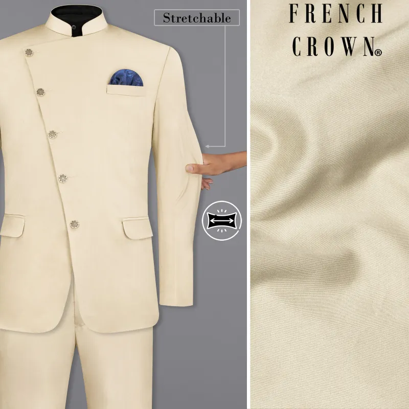 Moon Mist Beige Stretchable Cross Placket Bandhgala Premium Cotton traveler Suit sold by French Crown