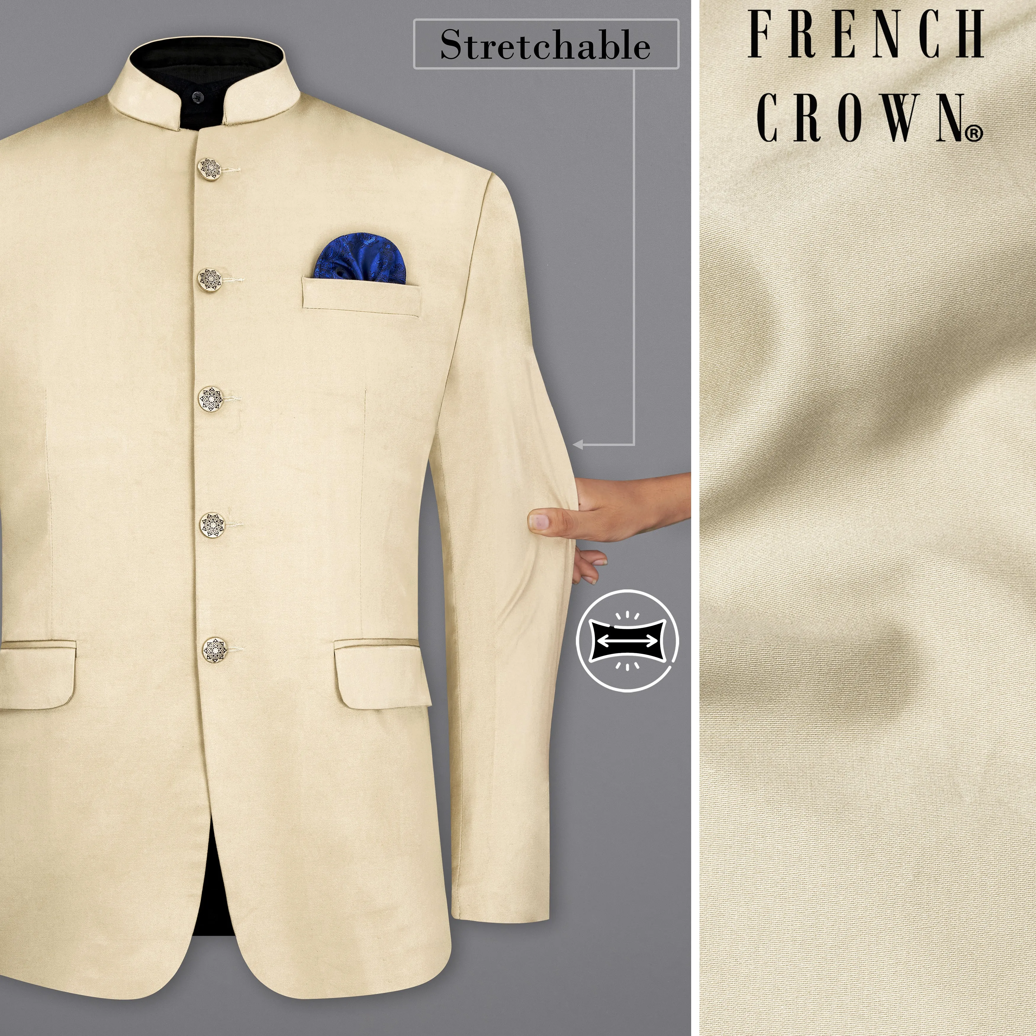 Moon Mist Beige Bandhgala Premium Cotton Stretchable traveler Blazer sold by French Crown