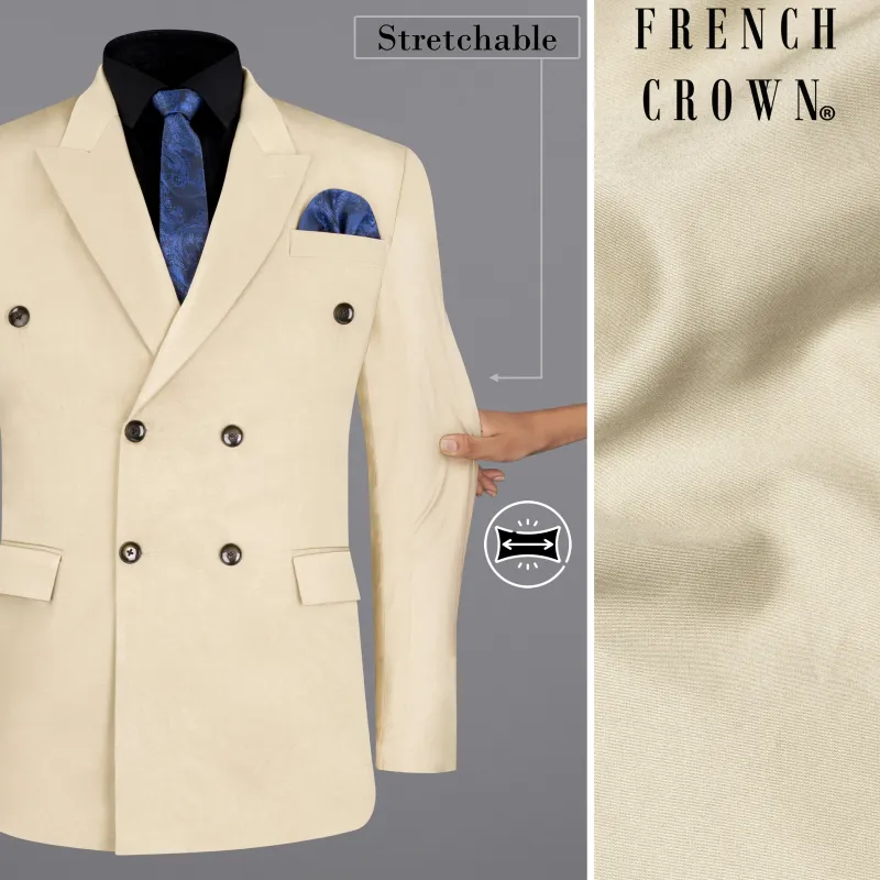 Moon Mist Beige Stretchable Double Breasted Premium Cotton traveler Blazer sold by French Crown