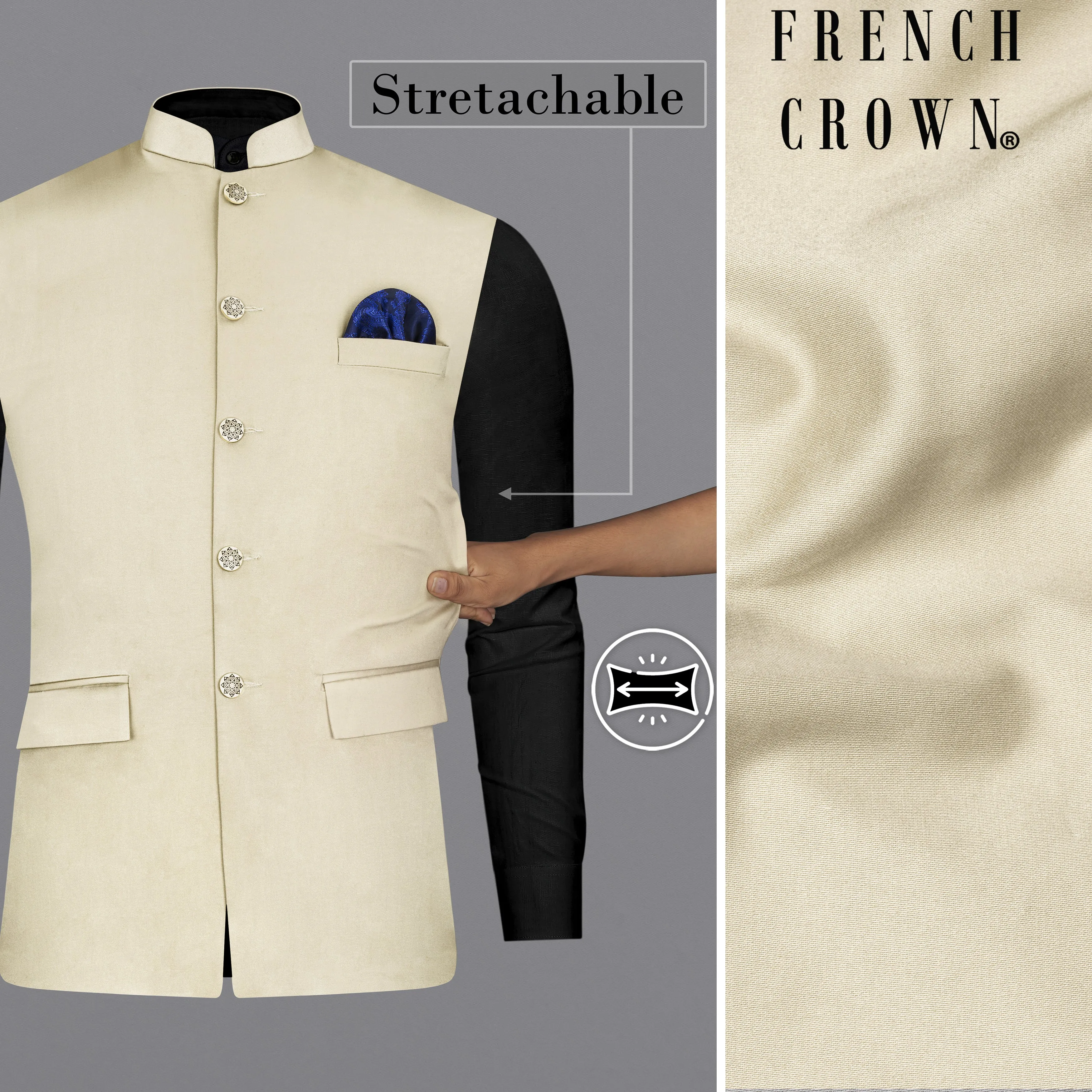 Moon Mist Beige Stretchable Premium Cotton Traveler Nehru Jacket sold by French Crown