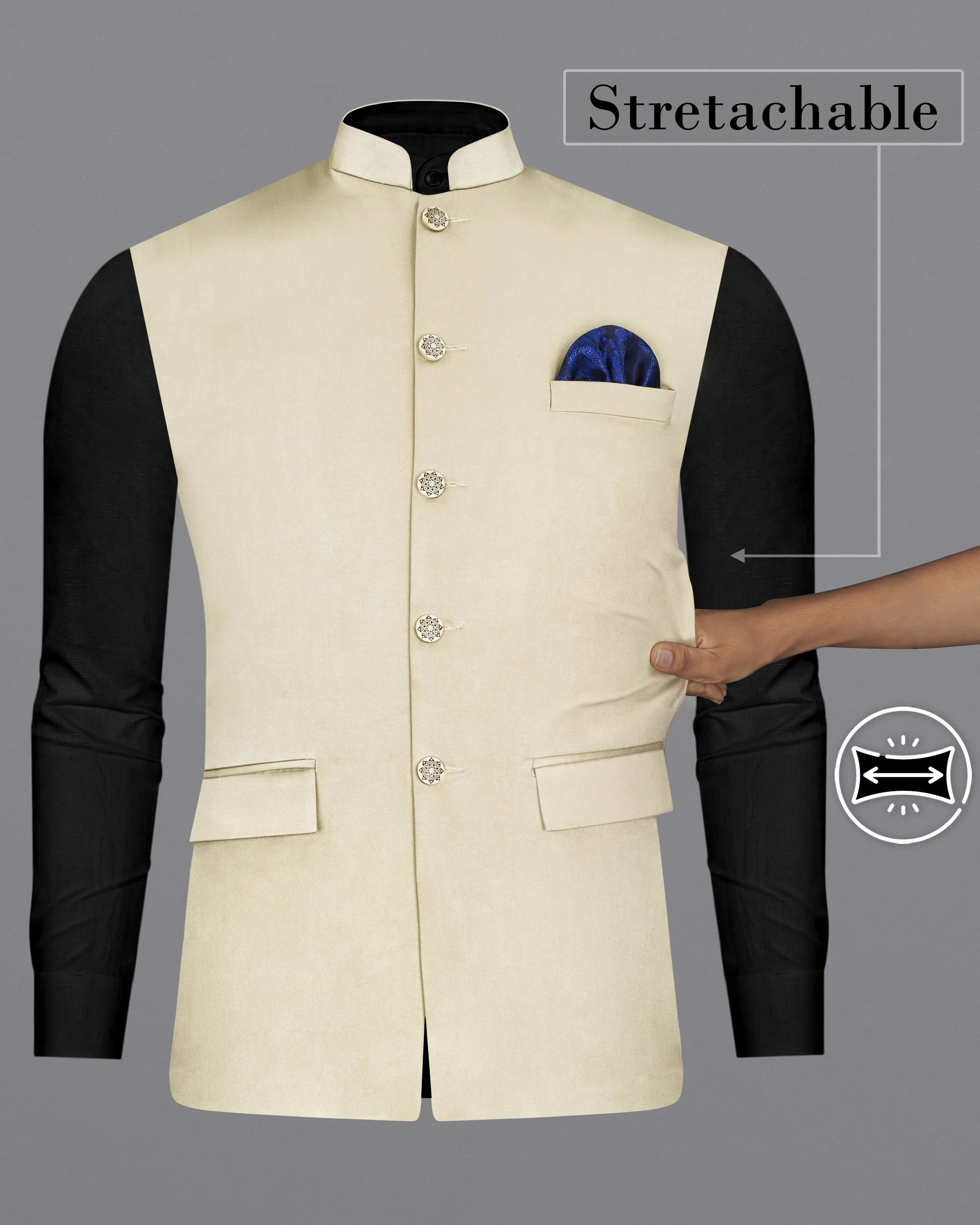 Moon Mist Beige Stretchable Premium Cotton Traveler Nehru Jacket sold by French Crown product image thumbnail 2