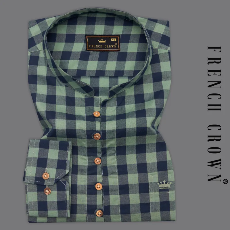 Battleship Green and Valhalla Blue Checkered Premium Cotton Kurta Shirt sold by French Crown