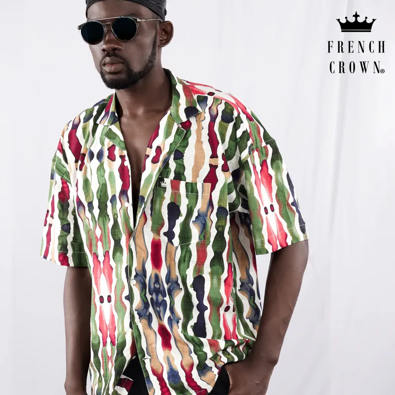 Asparagus Green with Bright White Funky Printed Lightweight Premium Cotton Oversized Shirt sold by French Crown