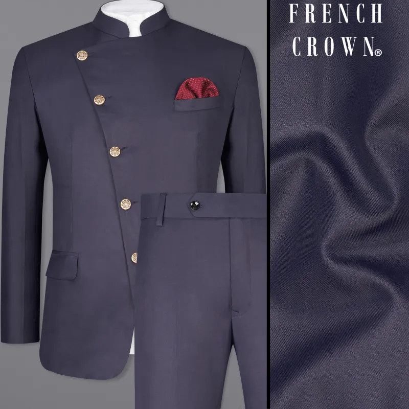 Gunmetal Blue Cross Placket Bandhgala Suit sold by French Crown