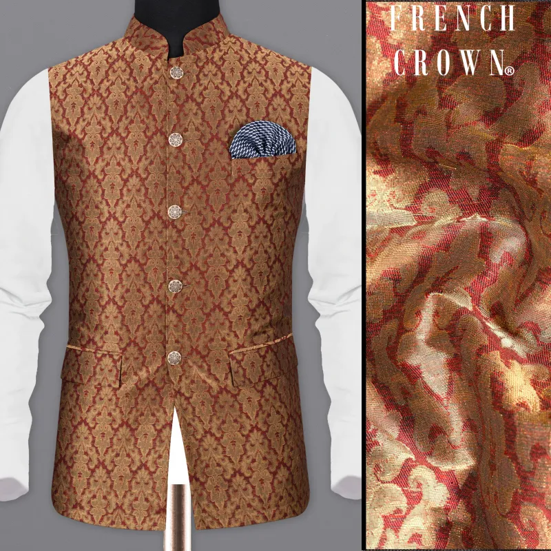 Vivid Auburm and Golden Jacquard Textured Nehru Jacket sold by French Crown