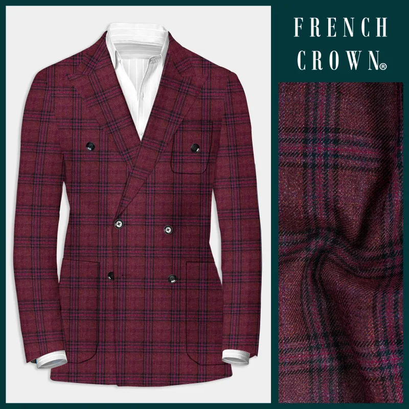 Berry Grid-Livid Maroon Plaid Tweed Double Breasted Sports Blazer sold by French Crown