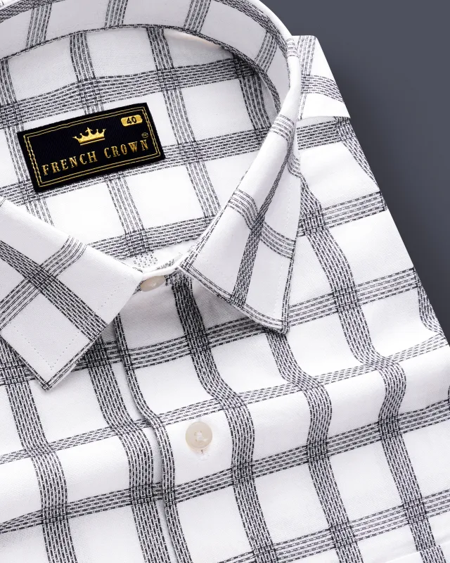 Ivory Noir-Bright White And Jade Black Plaid Jacquard Textured Premium Cotton Dress Shirt sold by French Crown