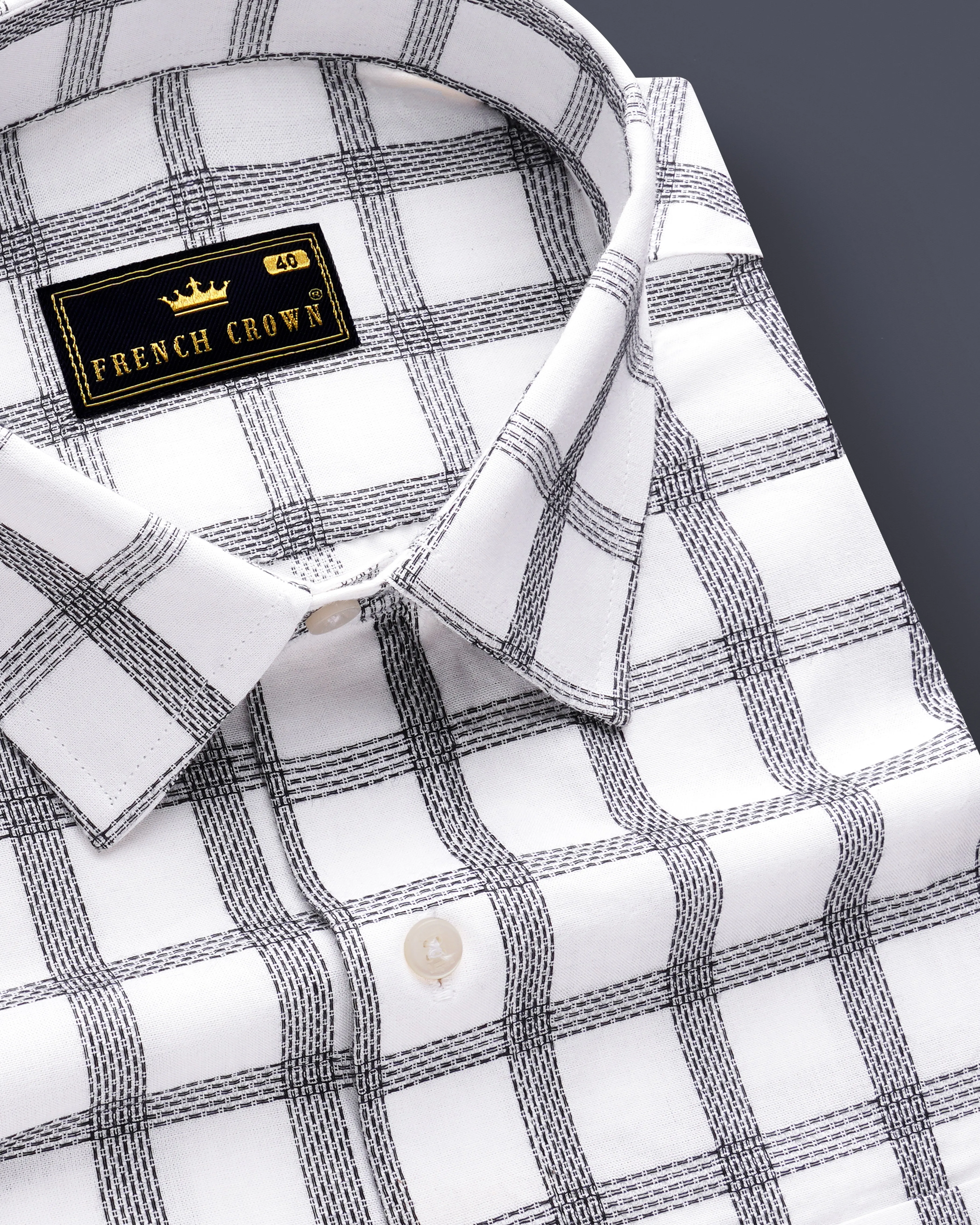 Ivory Noir-Bright White And Jade Black Plaid Jacquard Textured Premium Cotton Dress Shirt sold by French Crown