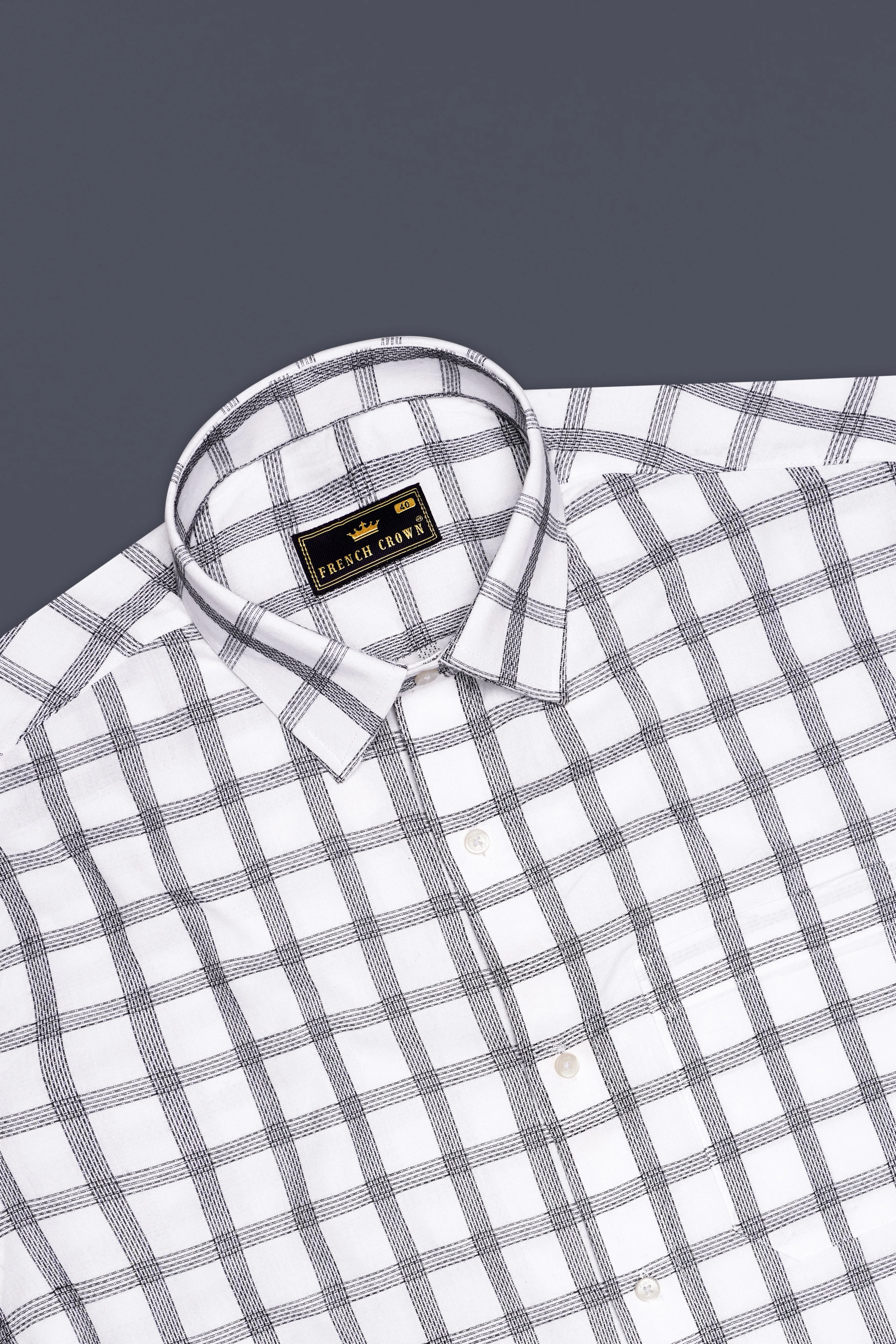 Ivory Noir-Bright White And Jade Black Plaid Jacquard Textured Premium Cotton Dress Shirt sold by French Crown product image thumbnail 5