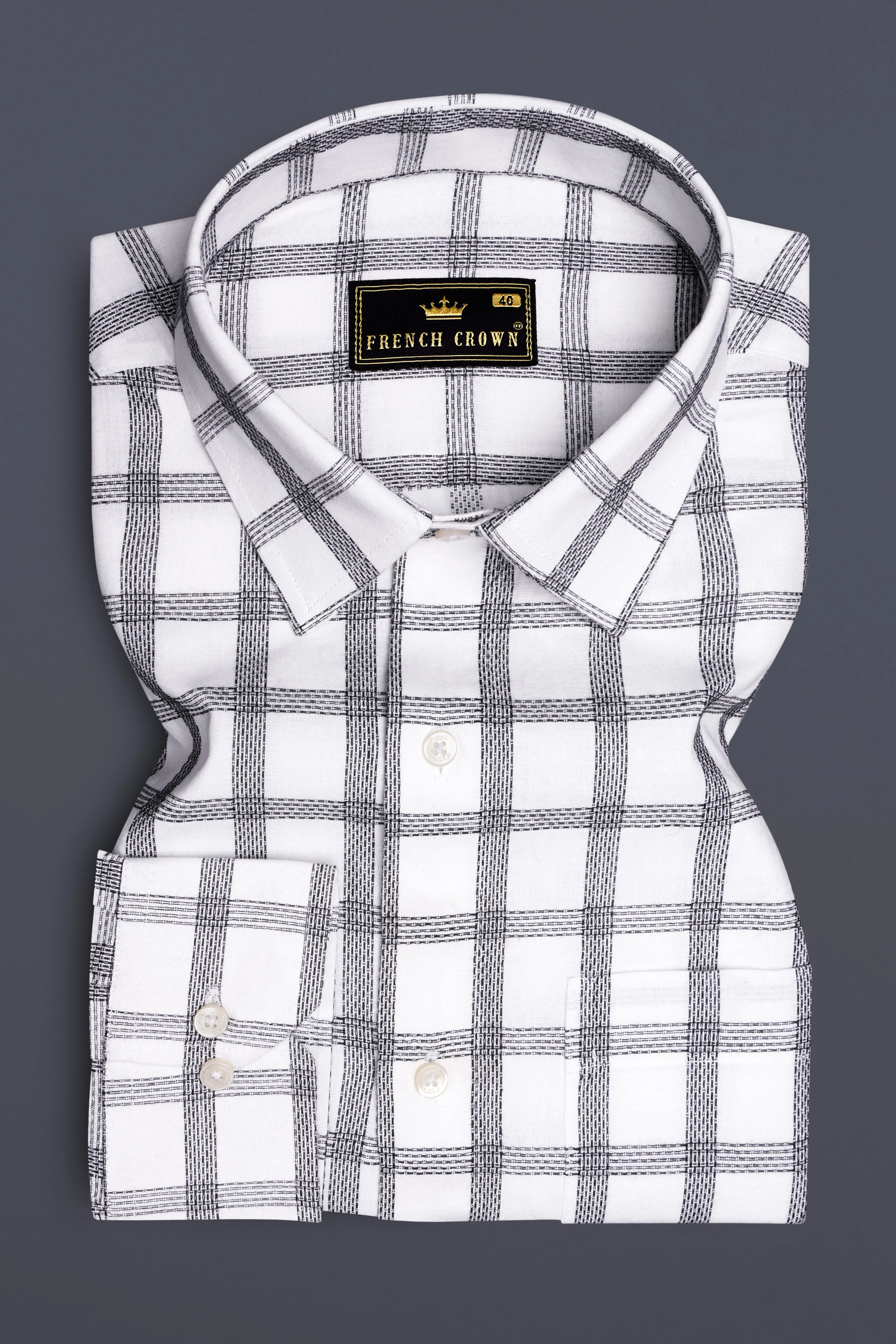 Ivory Noir-Bright White And Jade Black Plaid Jacquard Textured Premium Cotton Dress Shirt sold by French Crown product image thumbnail 4