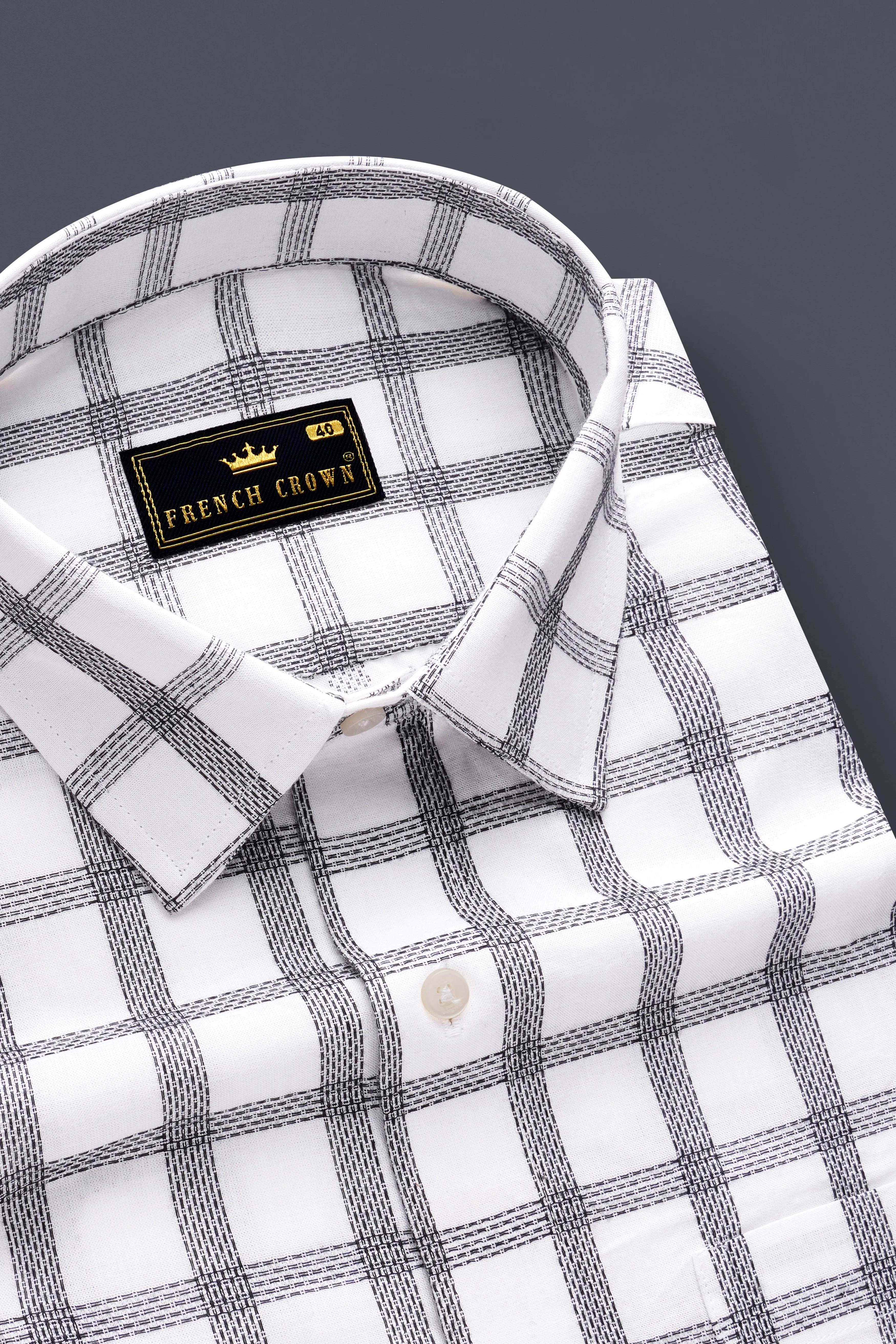 Ivory Noir-Bright White And Jade Black Plaid Jacquard Textured Premium Cotton Dress Shirt sold by French Crown product image thumbnail 2