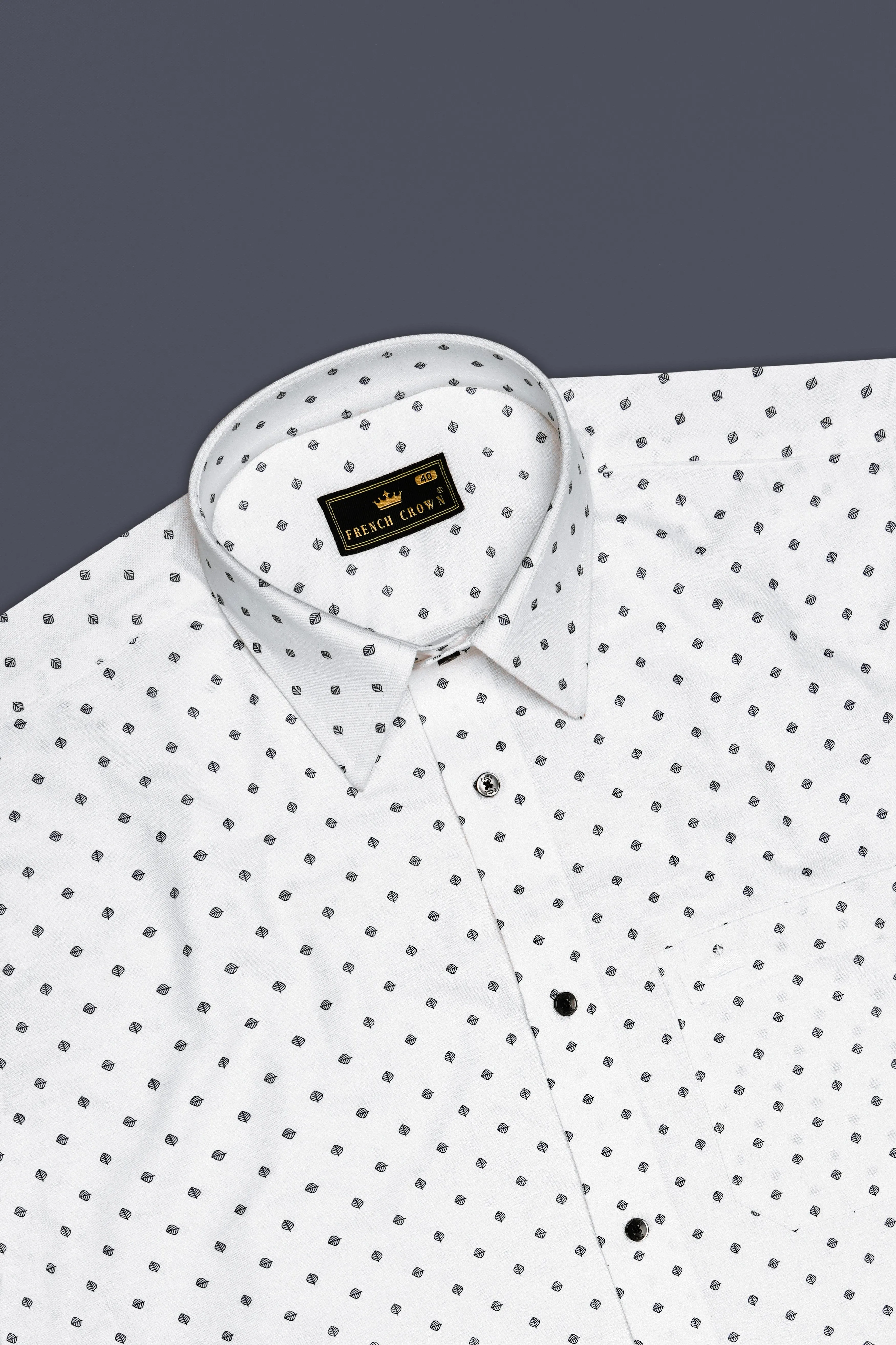 Linenleaf-Bright White Leaf Printed Oxford Premium Cotton Dress Shirt sold by French Crown product image thumbnail 5