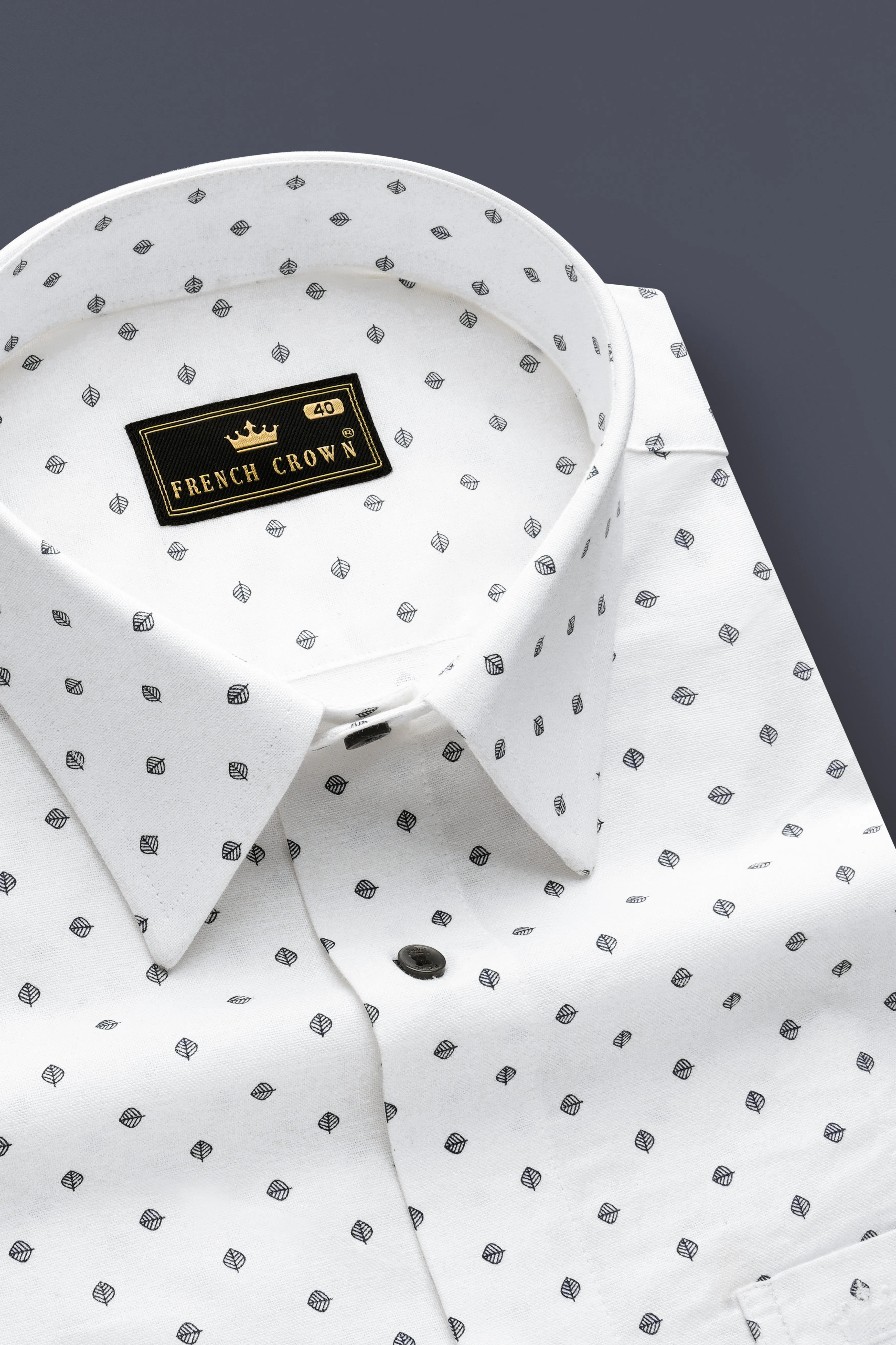 Linenleaf-Bright White Leaf Printed Oxford Premium Cotton Dress Shirt sold by French Crown product image thumbnail 2