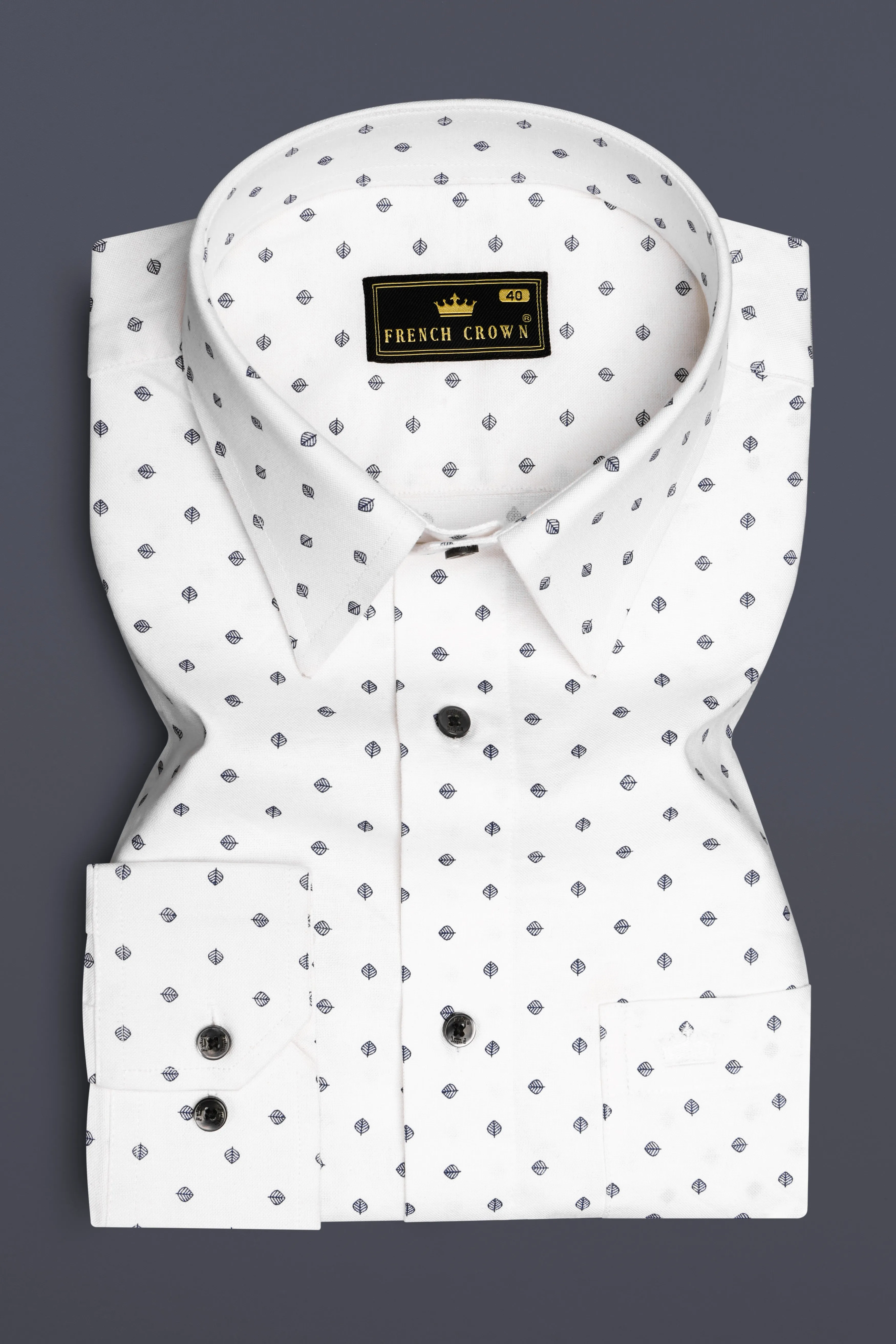 Linenleaf-Bright White Leaf Printed Oxford Premium Cotton Dress Shirt sold by French Crown product image thumbnail 4