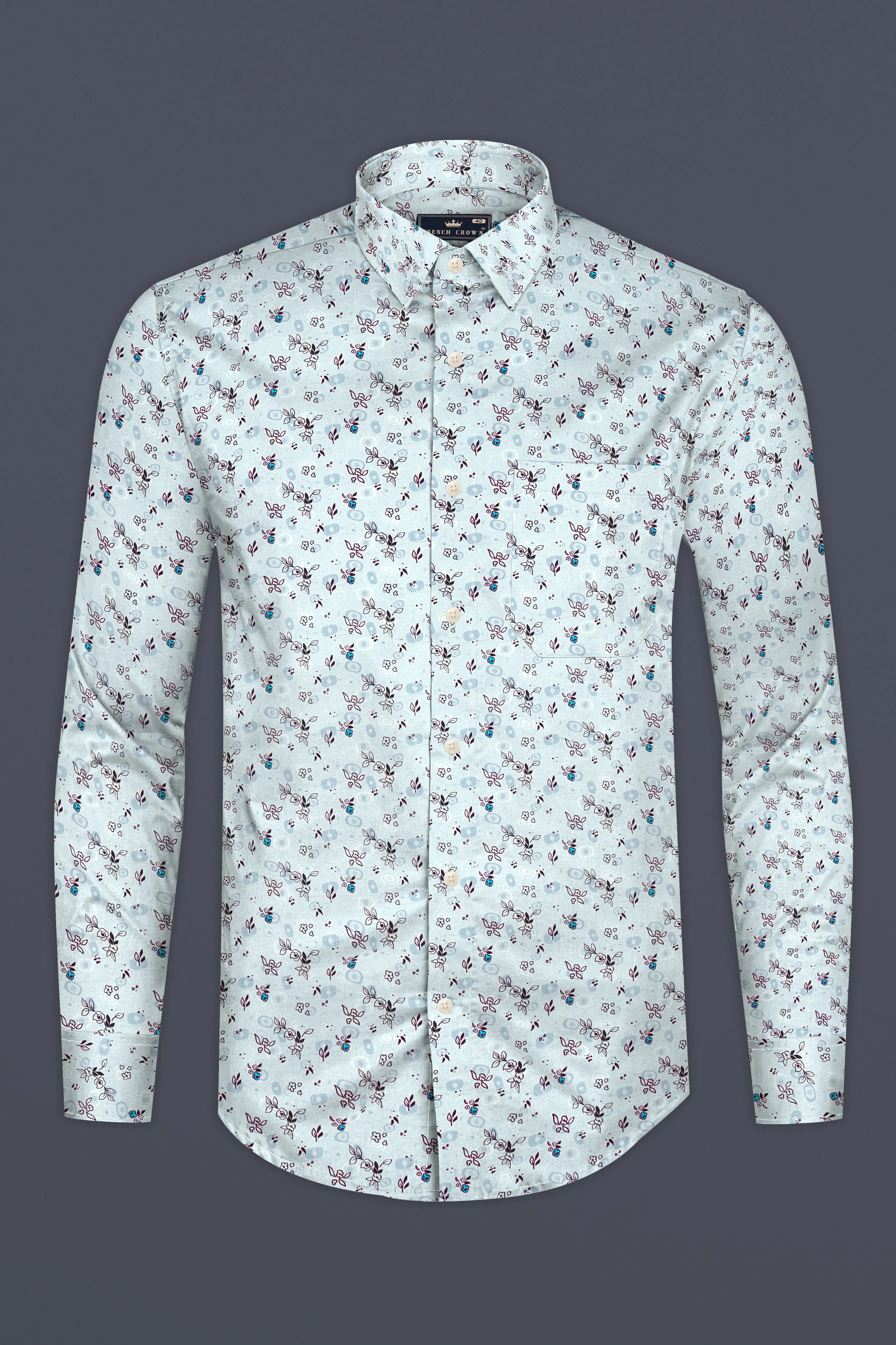 Periwinkle Blue with Melanzane Maroon Flower Printed Super Soft Premium Cotton Shirt sold by French Crown product image thumbnail 4