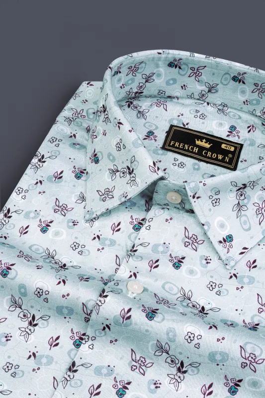 Periwinkle Blue with Melanzane Maroon Flower Printed Super Soft Premium Cotton Shirt sold by French Crown
