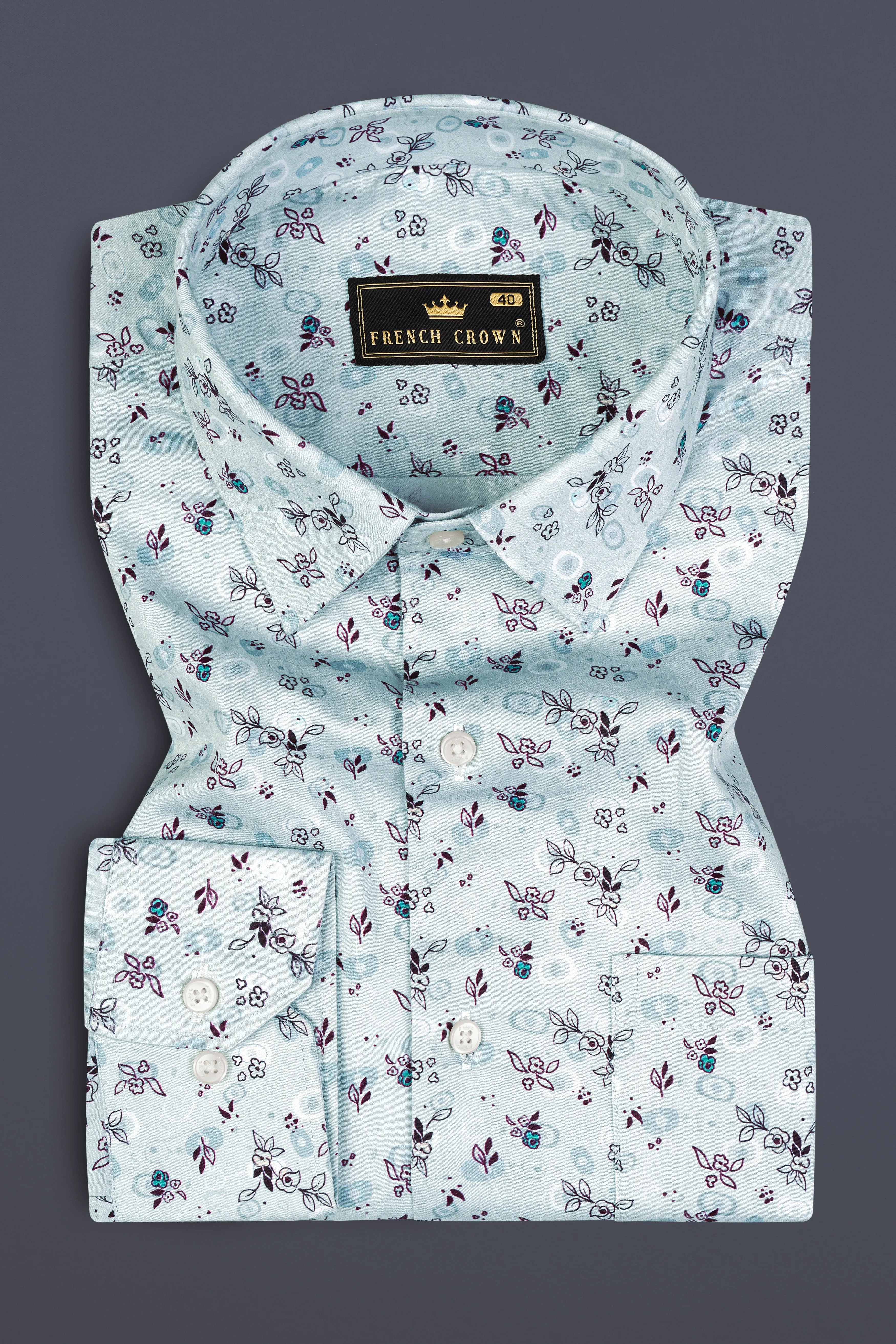 Periwinkle Blue with Melanzane Maroon Flower Printed Super Soft Premium Cotton Shirt sold by French Crown product image thumbnail 3