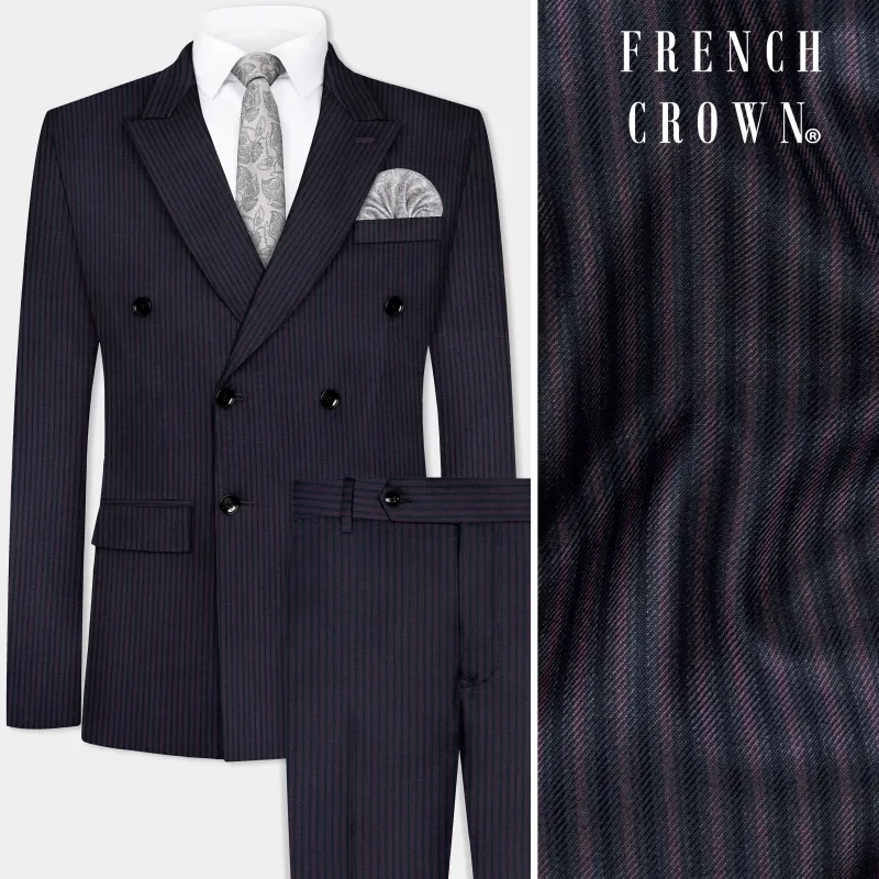 Ebony Clay Blue with Wine Berry Striped Wool Blend Double Breasted Suit made by French Crown