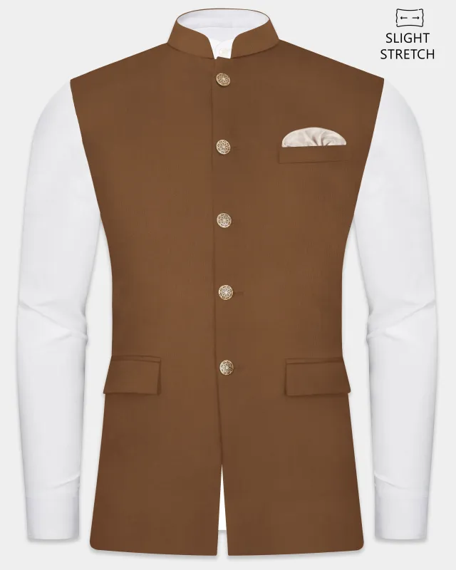 Bronze-Tawny Brown Solid Wool Rich Slight Stretch Nehru Jacket sold by French Crown