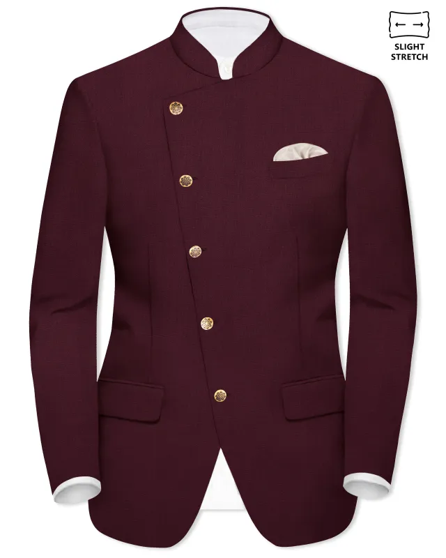 SepiaElite-Tamarind Brown Solid Wool Rich Cross Placket Bandhgala Slight Stretch Blazer sold by French Crown