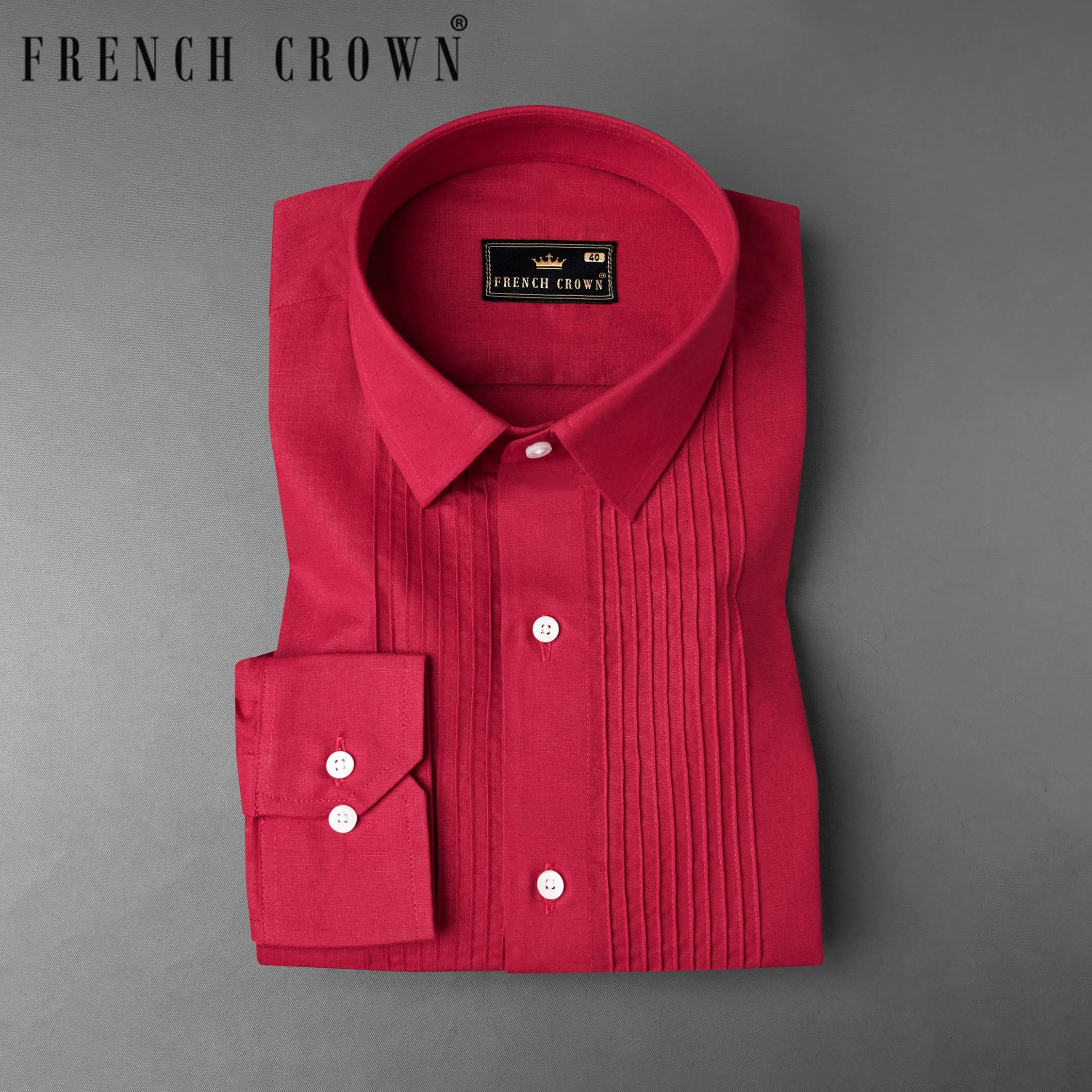 Cardinal Red Snake Pin Tucks Luxurious Linen Tuxedo Shirt sold by French Crown