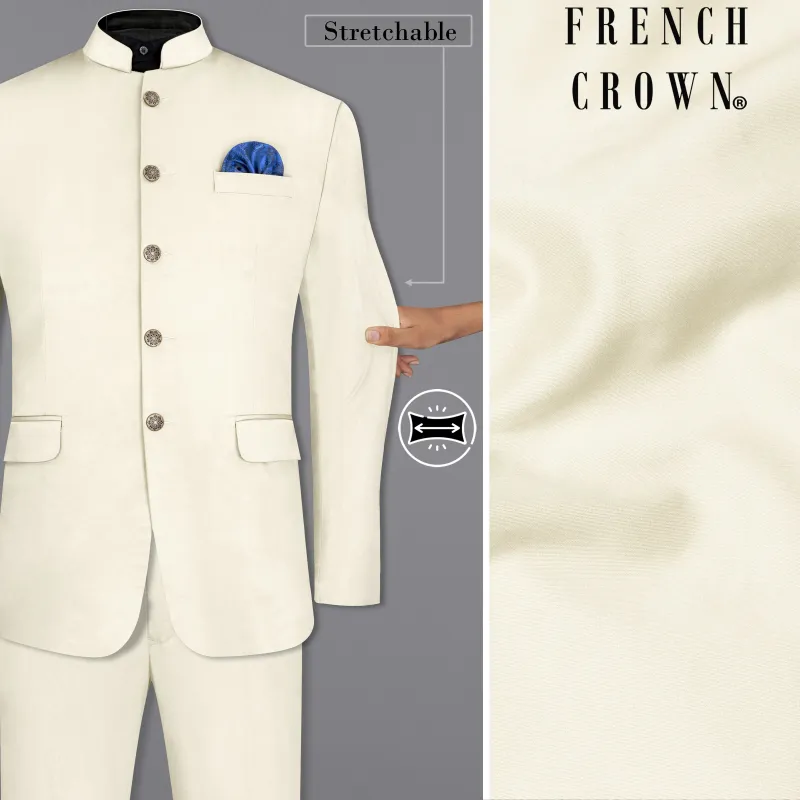 Merino Cream Stretchable Bandhgala Premium Cotton traveler Suit sold by French Crown