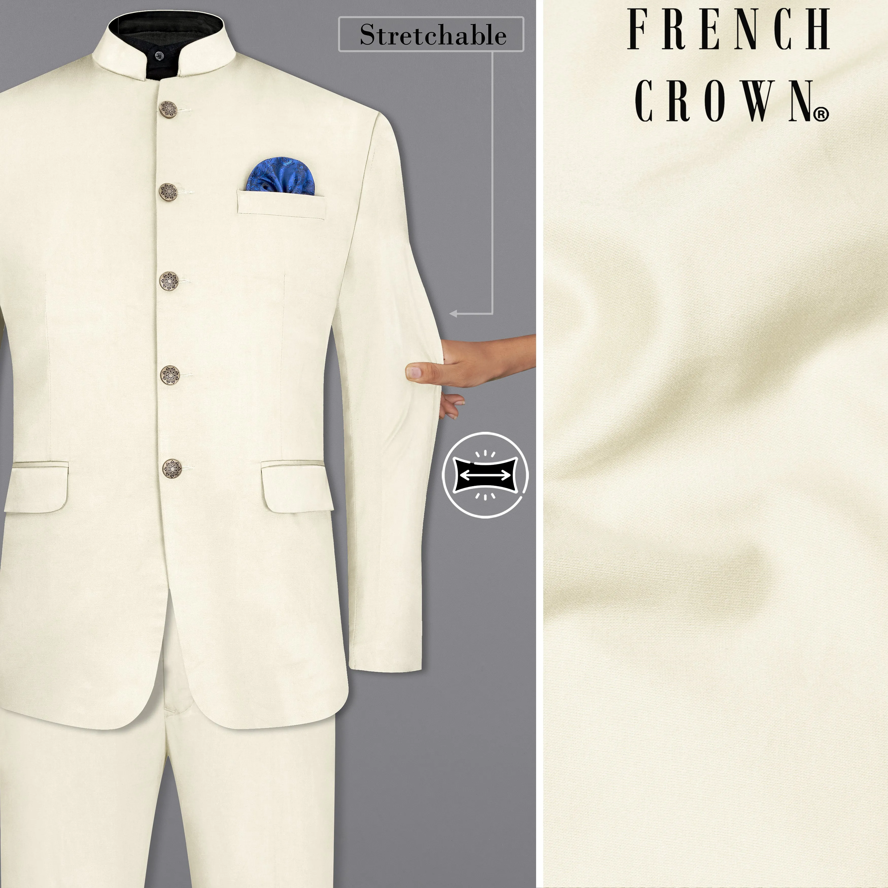 Merino Cream Stretchable Bandhgala Premium Cotton traveler Suit sold by French Crown