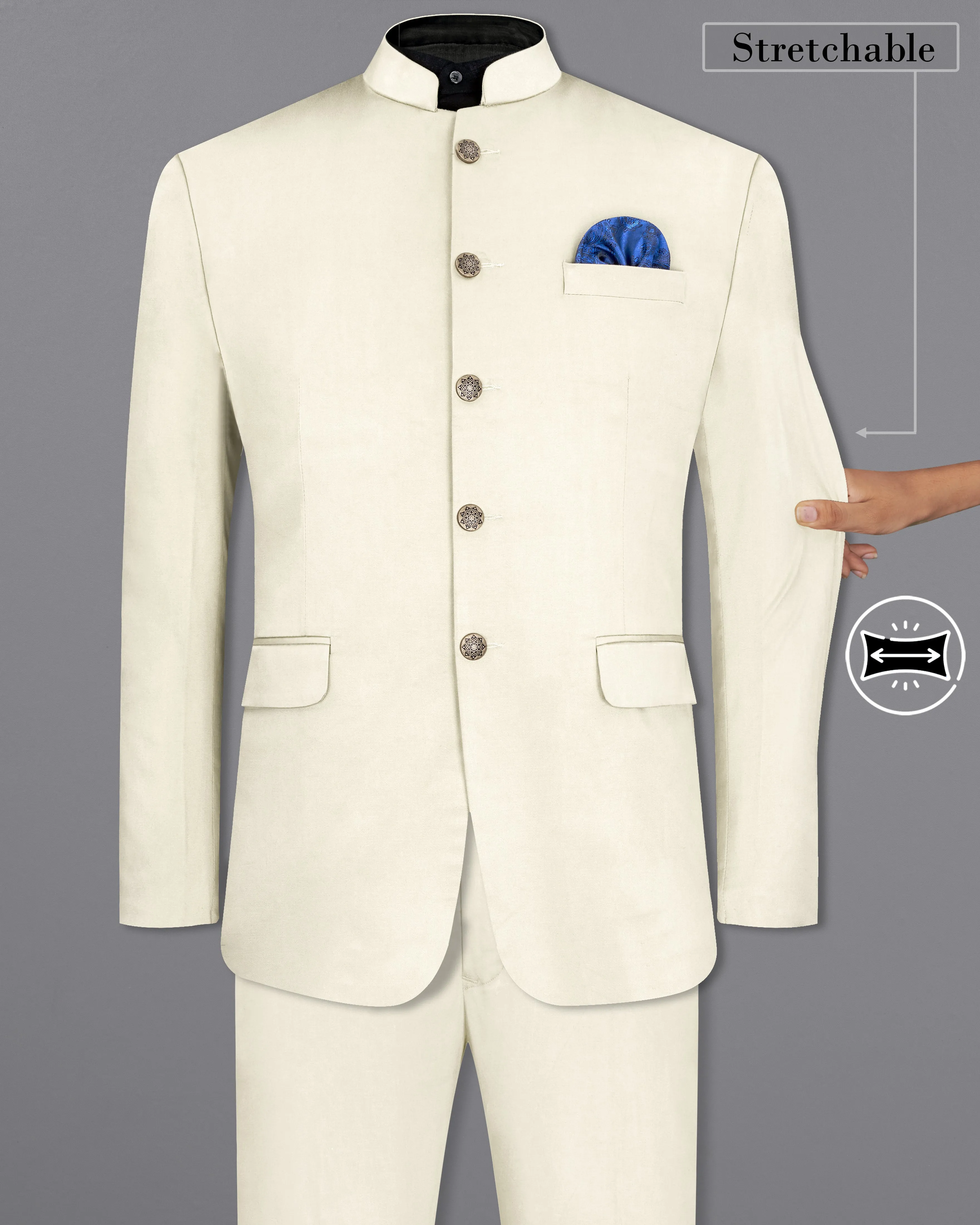 Merino Cream Stretchable Bandhgala Premium Cotton traveler Suit sold by French Crown product image thumbnail 2