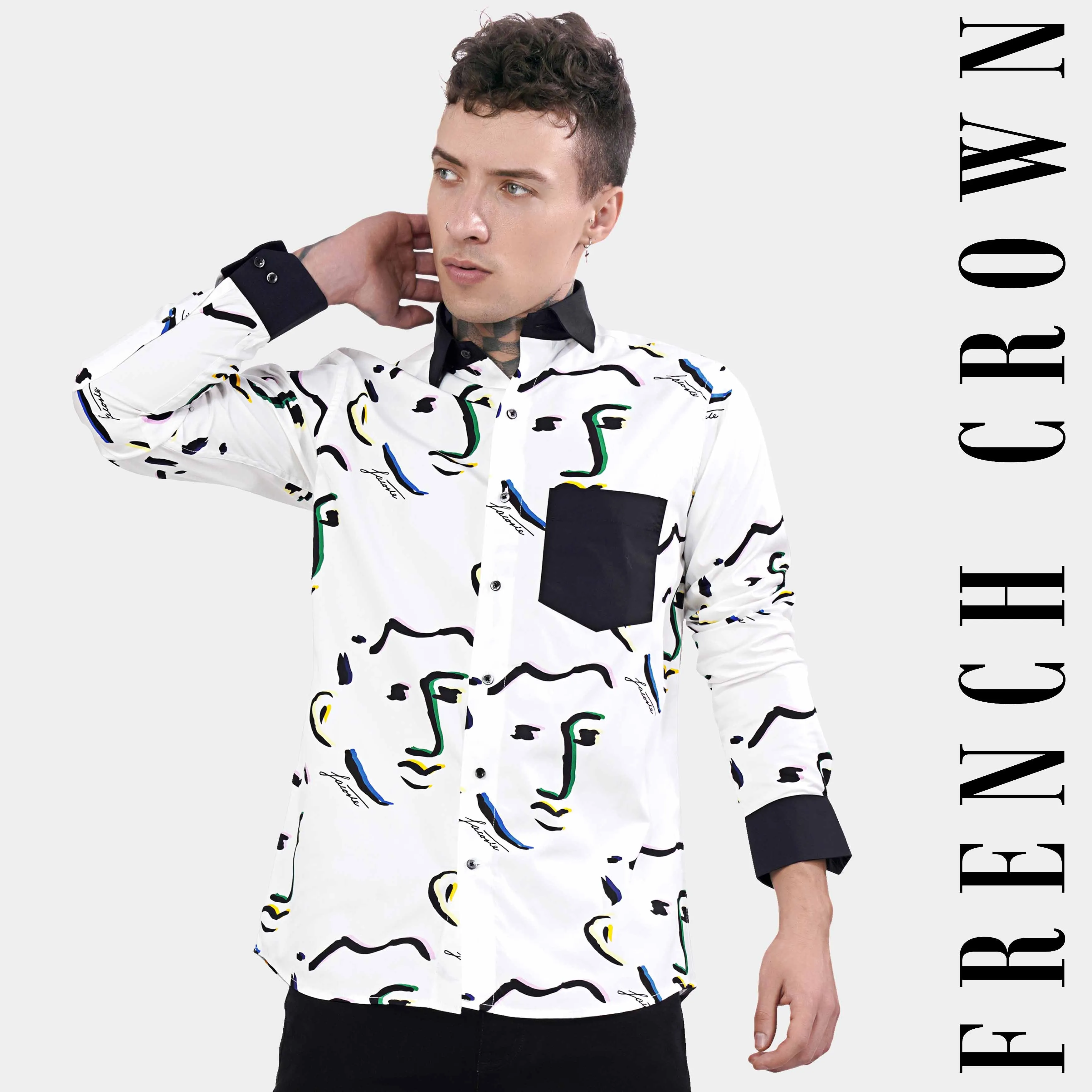 Bright White Faces Printed with Black Cuffs and Collar Premium Cotton Shirt sold by French Crown