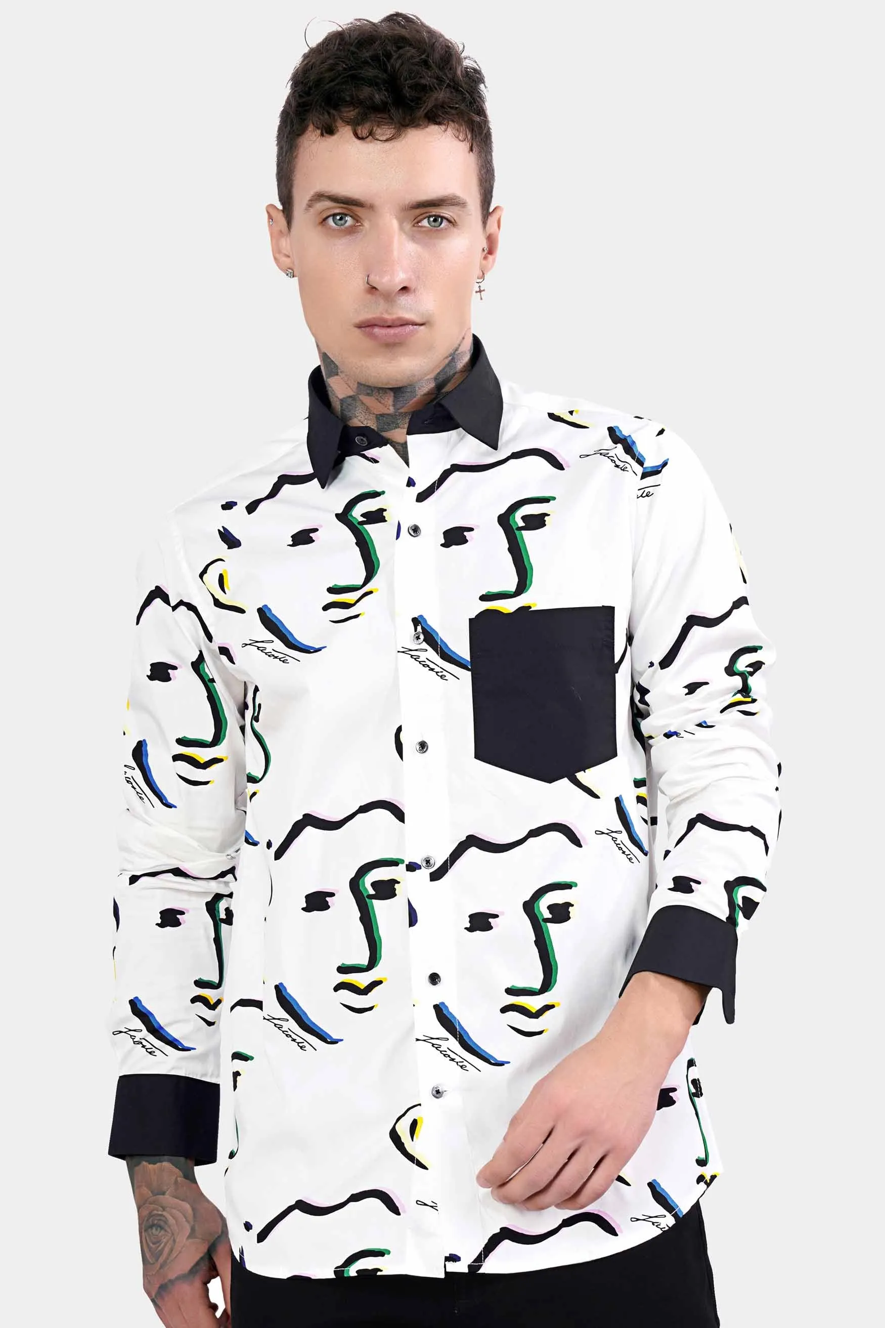 Bright White Faces Printed with Black Cuffs and Collar Premium Cotton Shirt sold by French Crown product image thumbnail 5