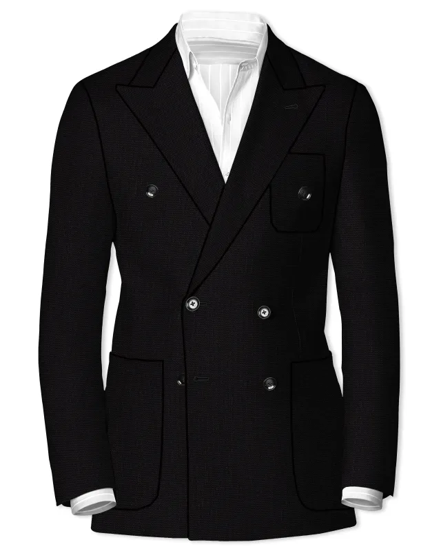 Jet Black Solid Luxurious Linen Double-breasted Sports Blazer sold by French Crown