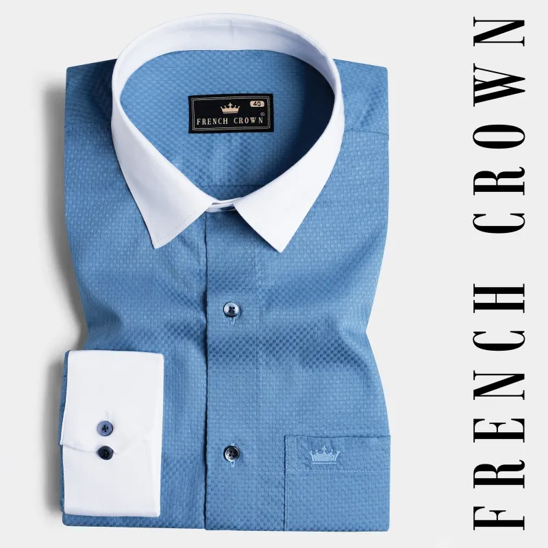 Azure Blue With White Cuffs and Collar Dobby Textured Premium Giza Cotton Shirt sold by French Crown