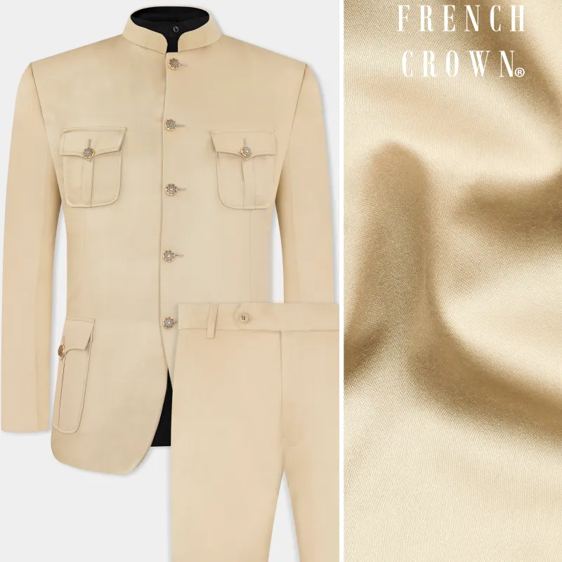 Ivory Cream Wool Rich Bandhgala Designer Suit sold by French Crown