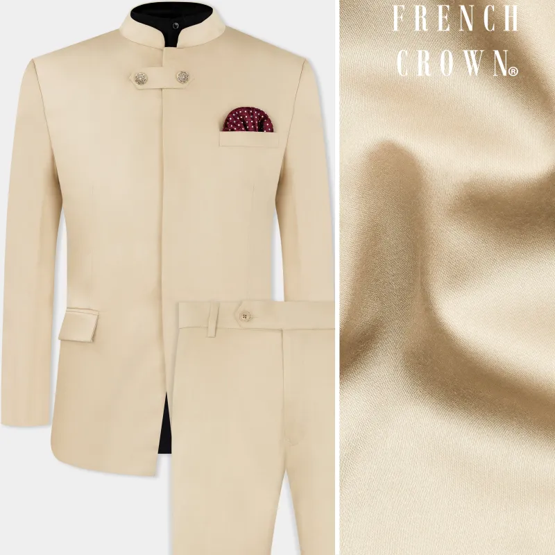 Ivory Cream Wool Rich Bandhgala Designer Suit sold by French Crown