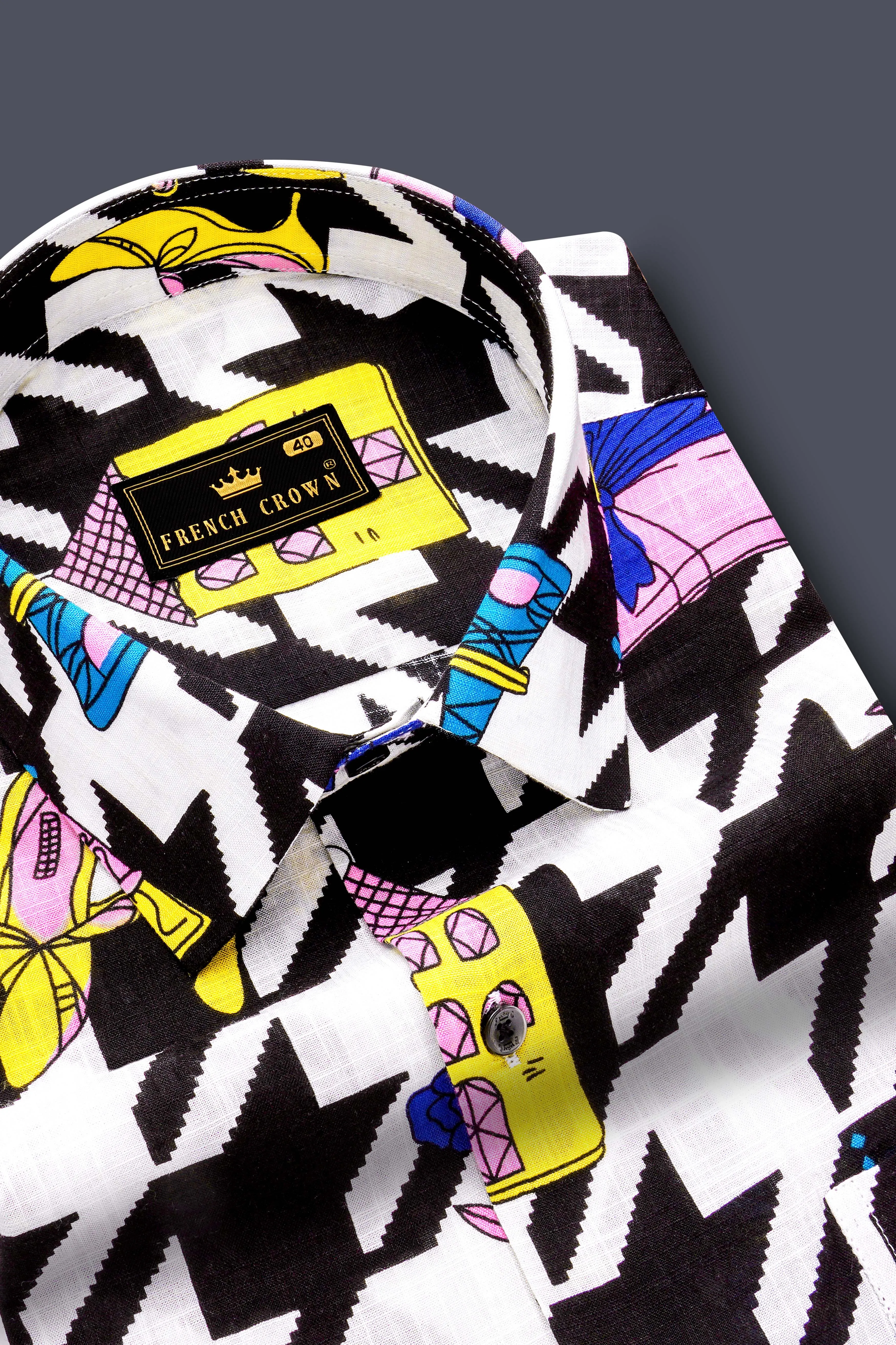 Lilac Thread-Black & White with Lavender Pink Herringbone Printed Lightweight Premium Cotton Multicolor Casual Shirt sold by French Crown product image thumbnail 4
